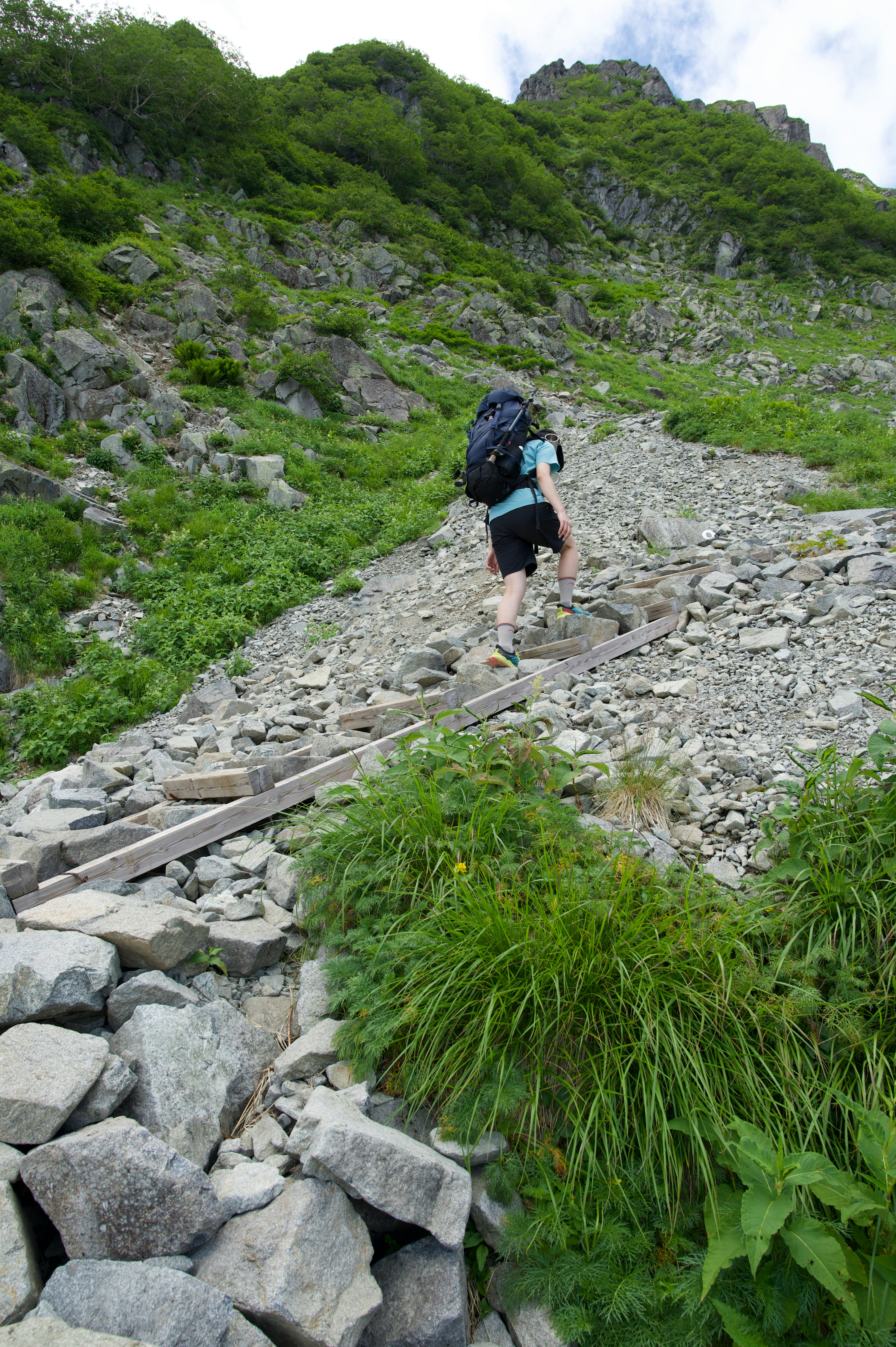 escursionista che cammina su un sentiero roccioso di montagna tra il verde
