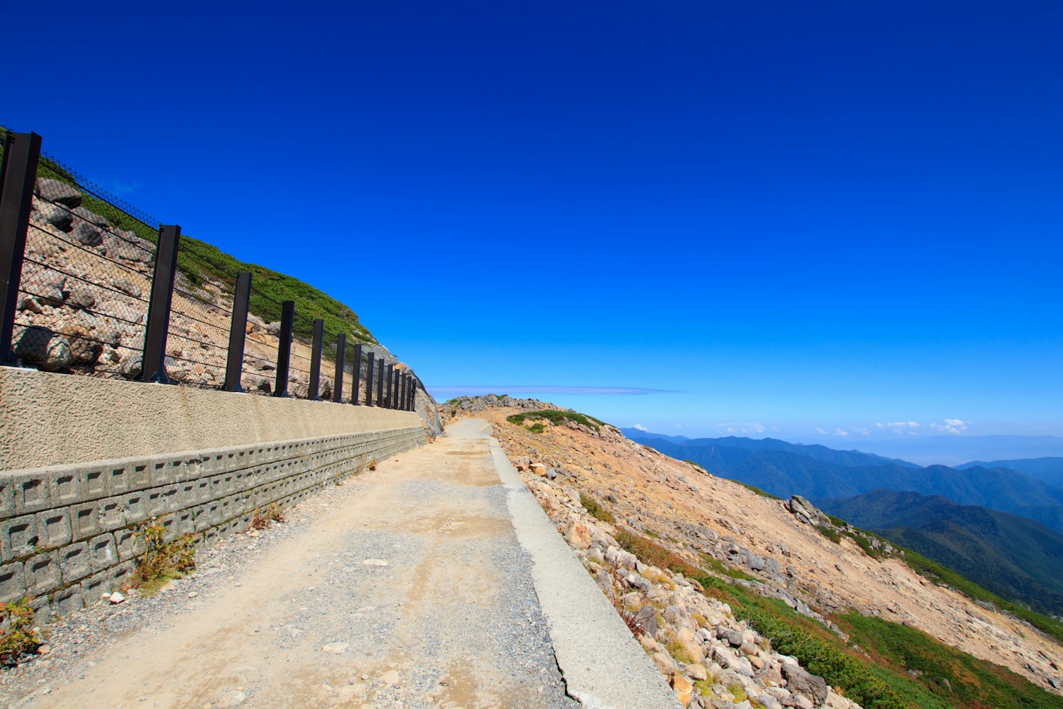 Mountain path with a protective wall under a blue sky