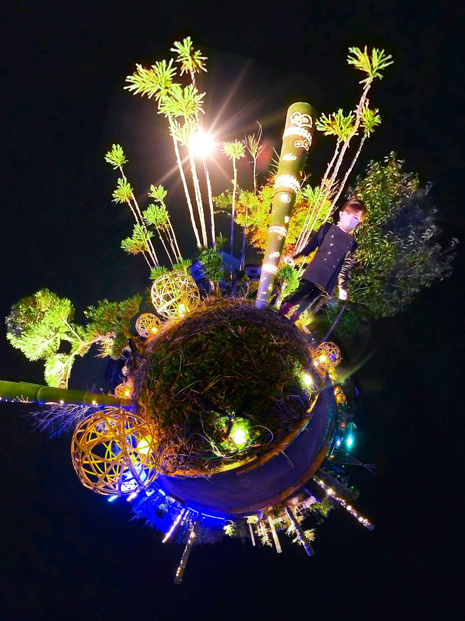 Gambar panorama lanskap kecil berbentuk globe yang diterangi di malam hari dengan tanaman hijau dan bambu