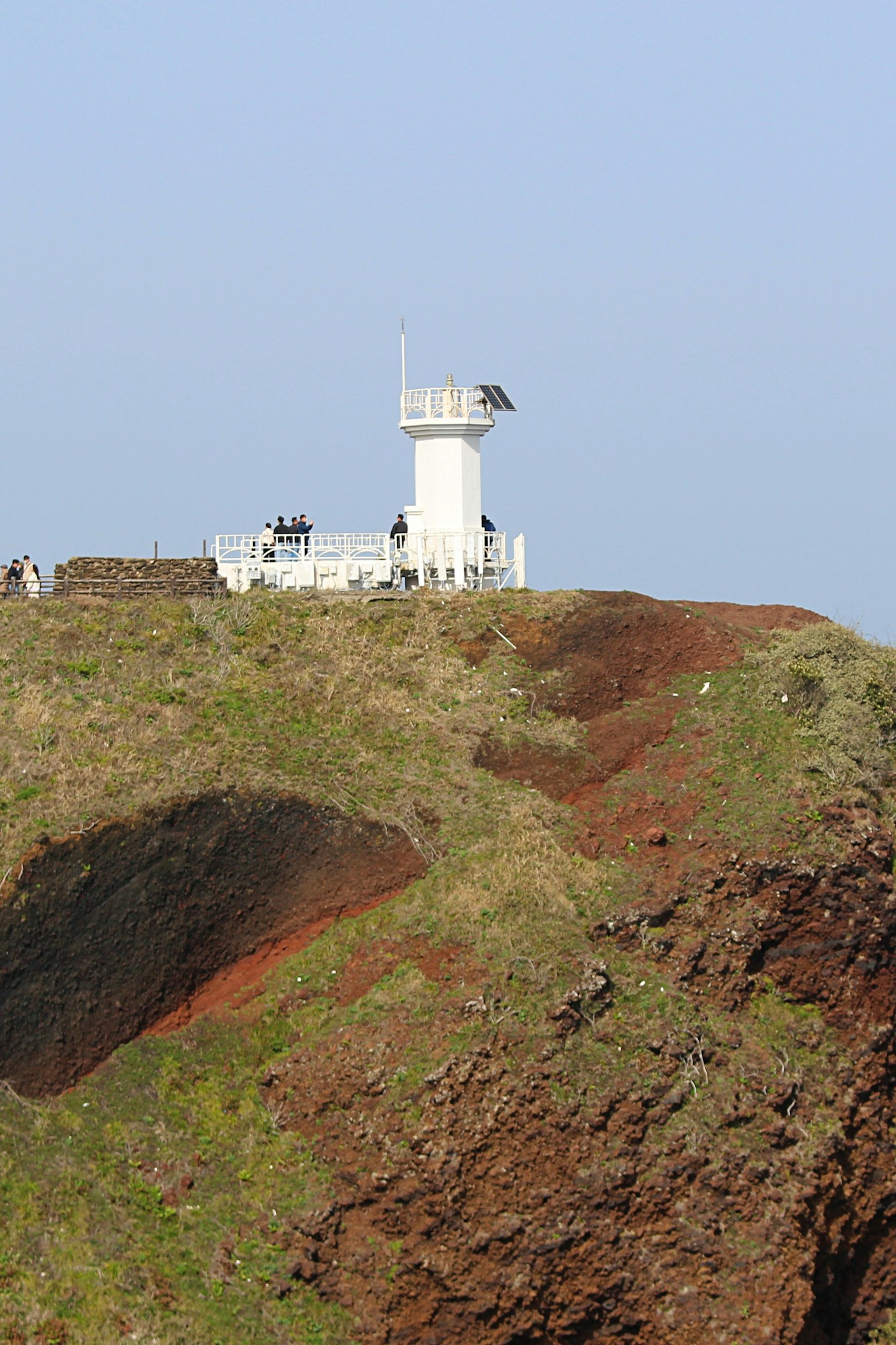 A white lighthouse on a hill with green grass and a blue sky