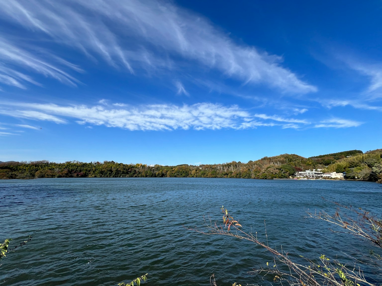 蓝天白云下的湖泊风景