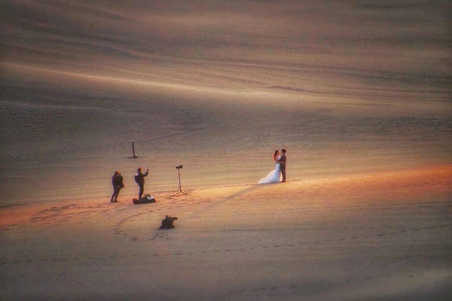 Coppia in abiti da sposa su dune di sabbia con fotografi che catturano il momento