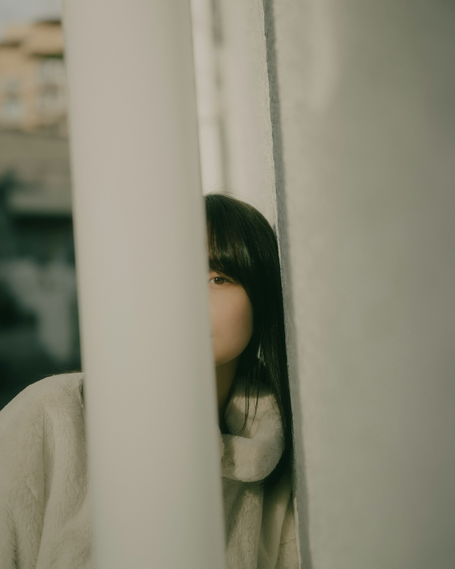 白色柱子之间部分可见的女性肖像