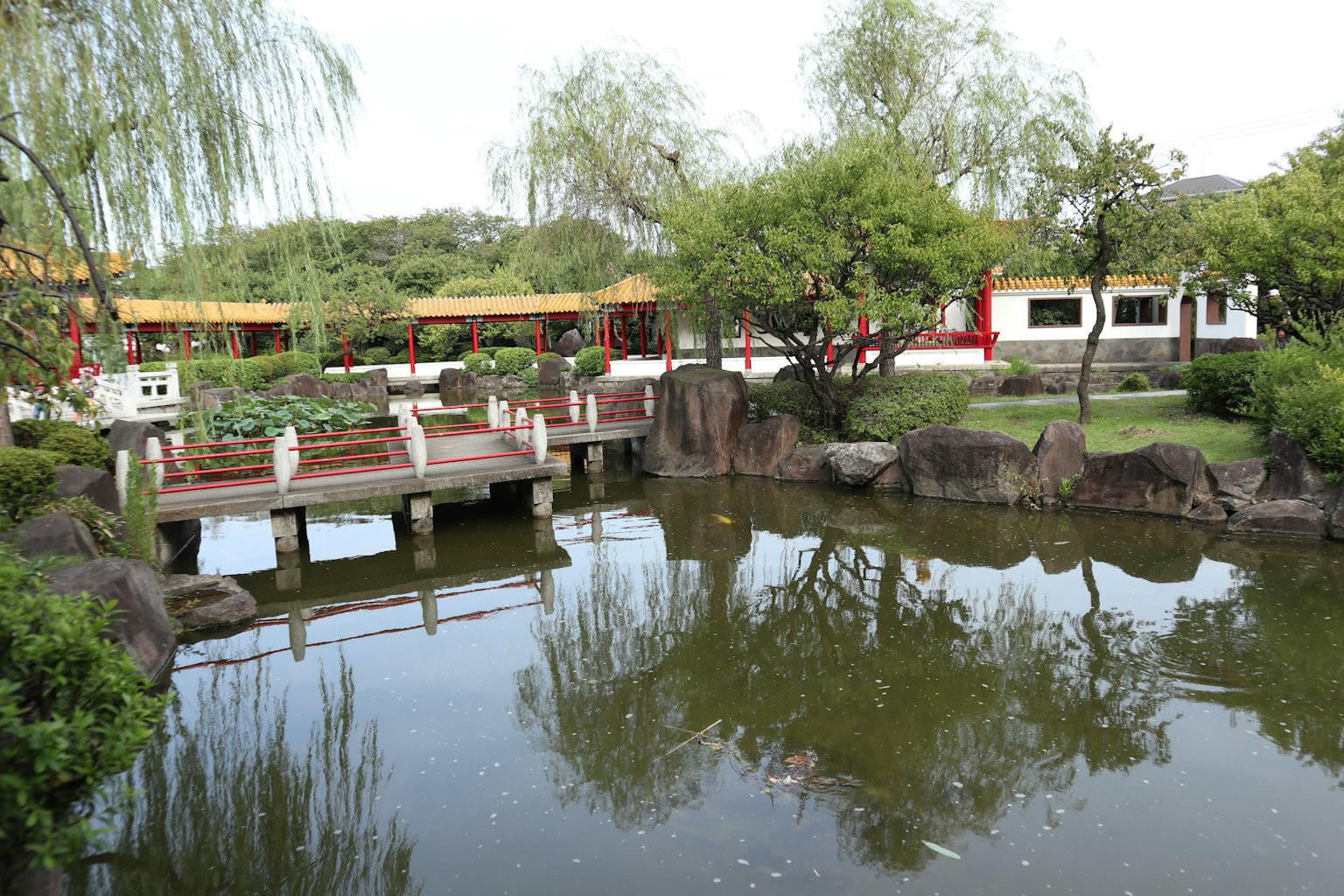 ทิวทัศน์ที่สวยงามของสวนและอาคารใกล้บ่อน้ำสงบ