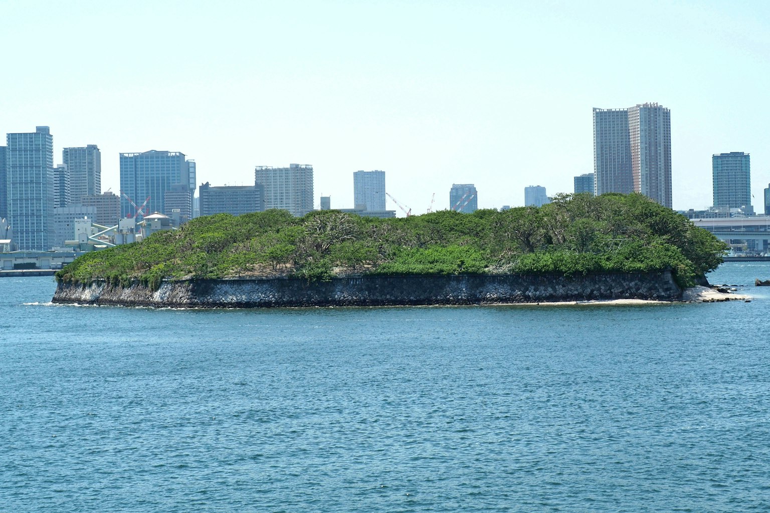 Üppige grüne Insel umgeben von blauem Wasser mit Stadtansicht im Hintergrund