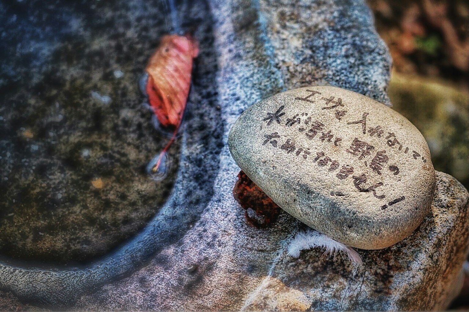 一塊上面寫有信息的石頭放在另一塊石頭上，旁邊有流動的水