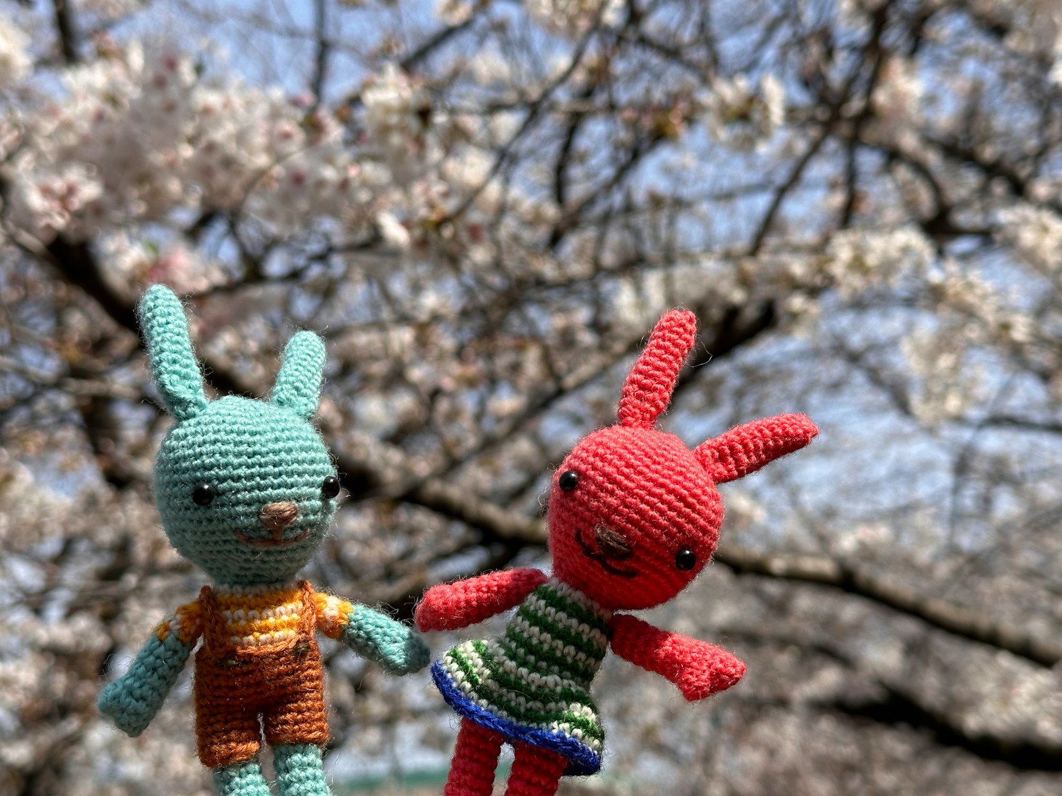 Zwei gestrickte Hasen halten sich vor einem blühenden Kirschbaum an den Händen