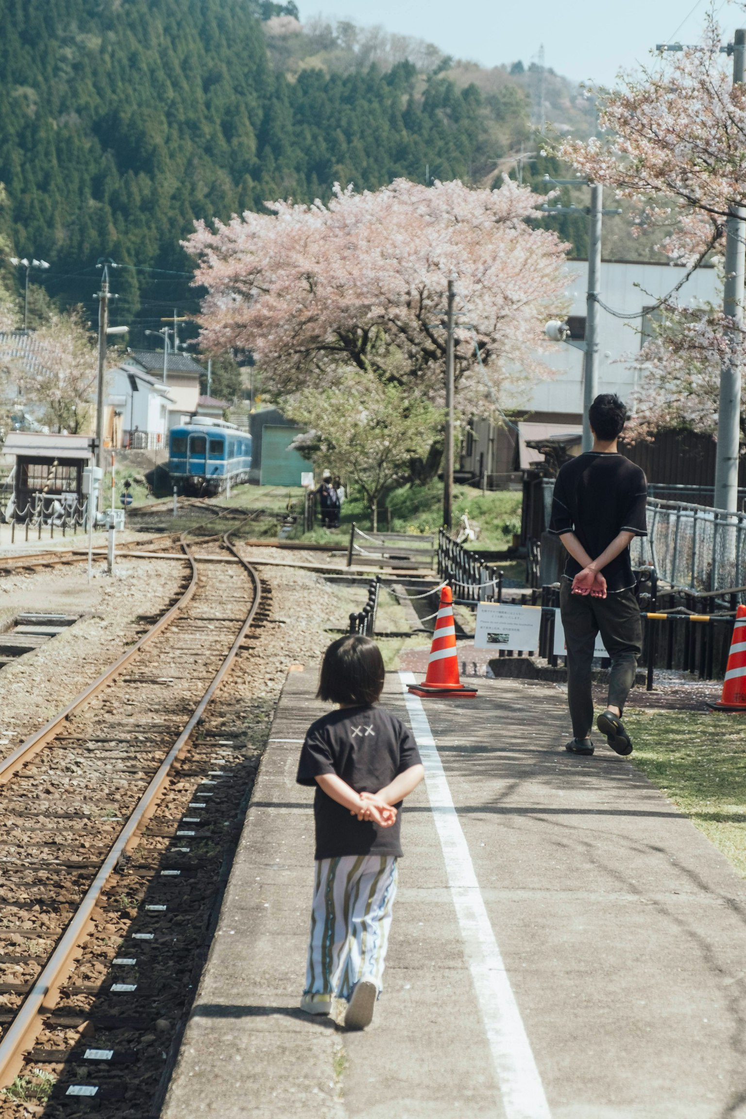 Un bambino e un adulto che camminano in una stazione ferroviaria con alberi di ciliegio