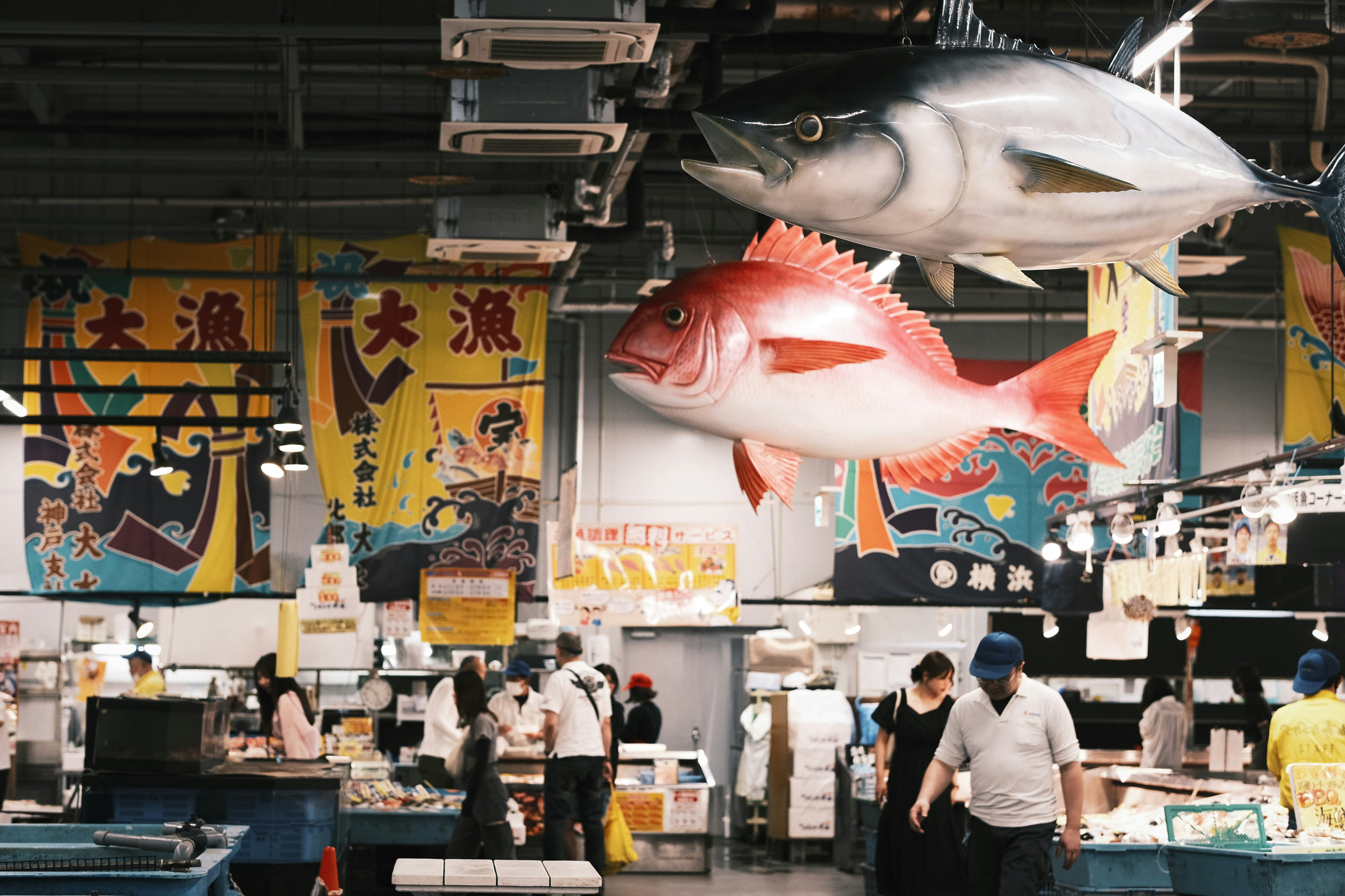 市場の鮮魚が吊るされた屋内屋台の風景