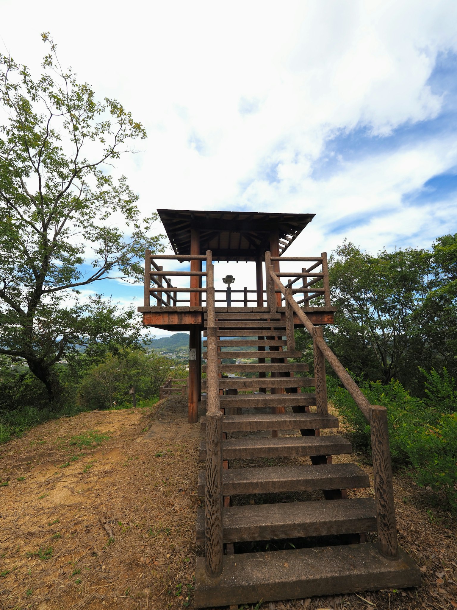 Torre di osservazione in legno con scale circondata da alberi verdi e cielo blu
