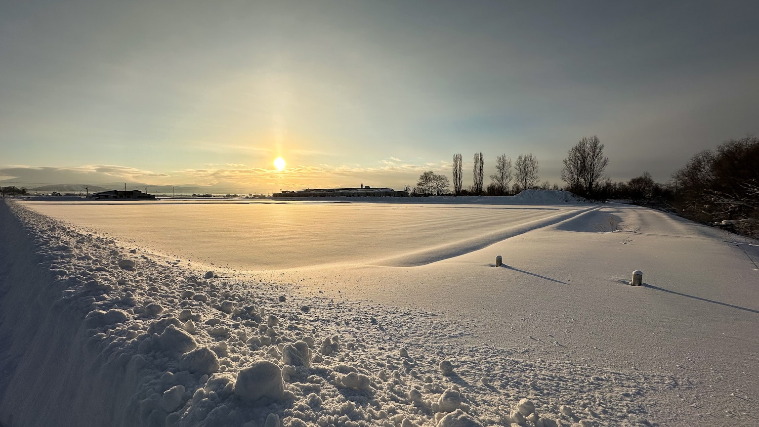 Schneebedeckte Landschaft mit untergehender Sonne und Bäumen