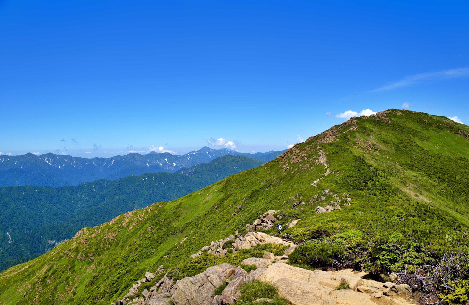 Scenic hiking trail with lush green mountains under a clear blue sky