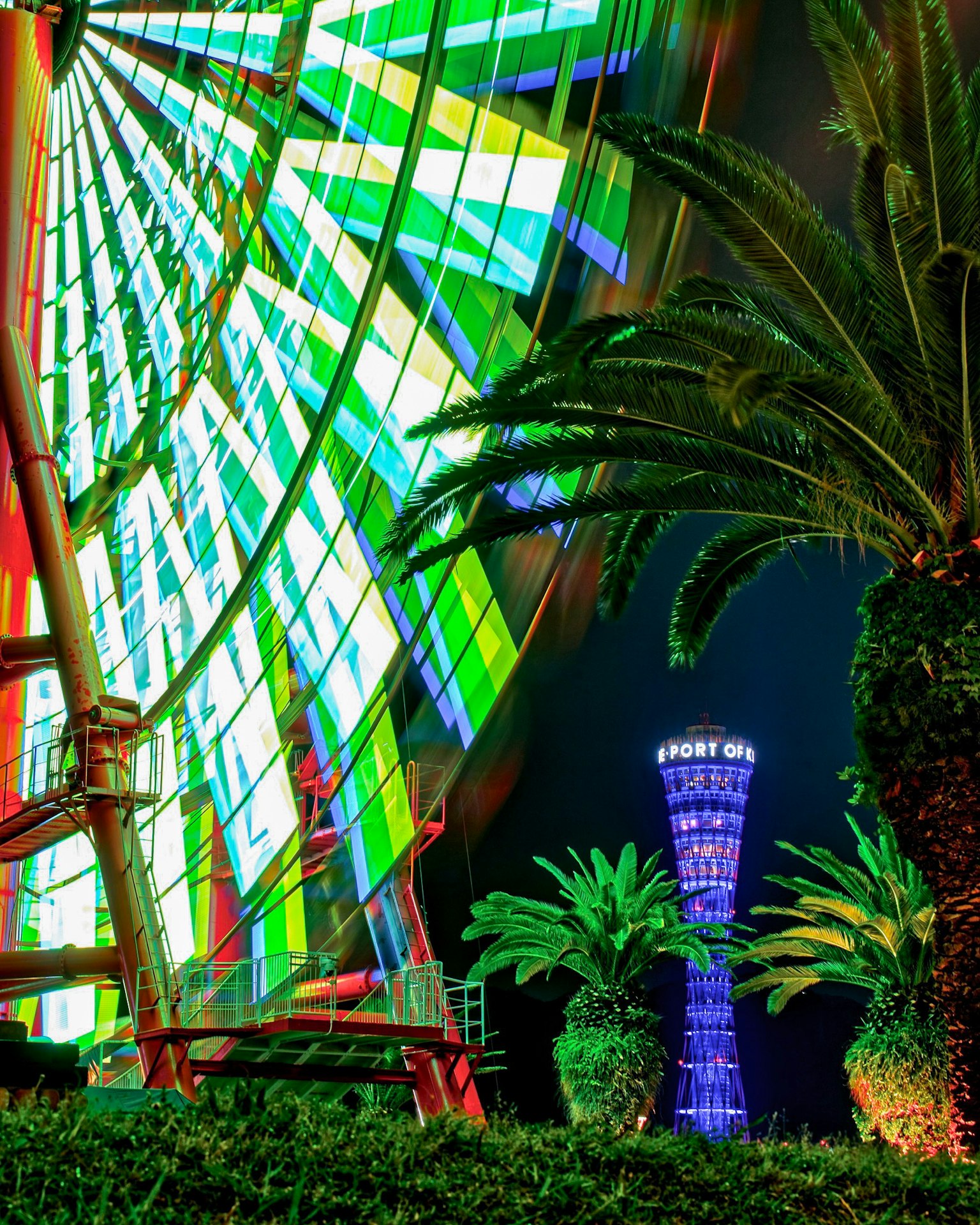 Scène nocturne vibrante d'une grande roue et de palmiers