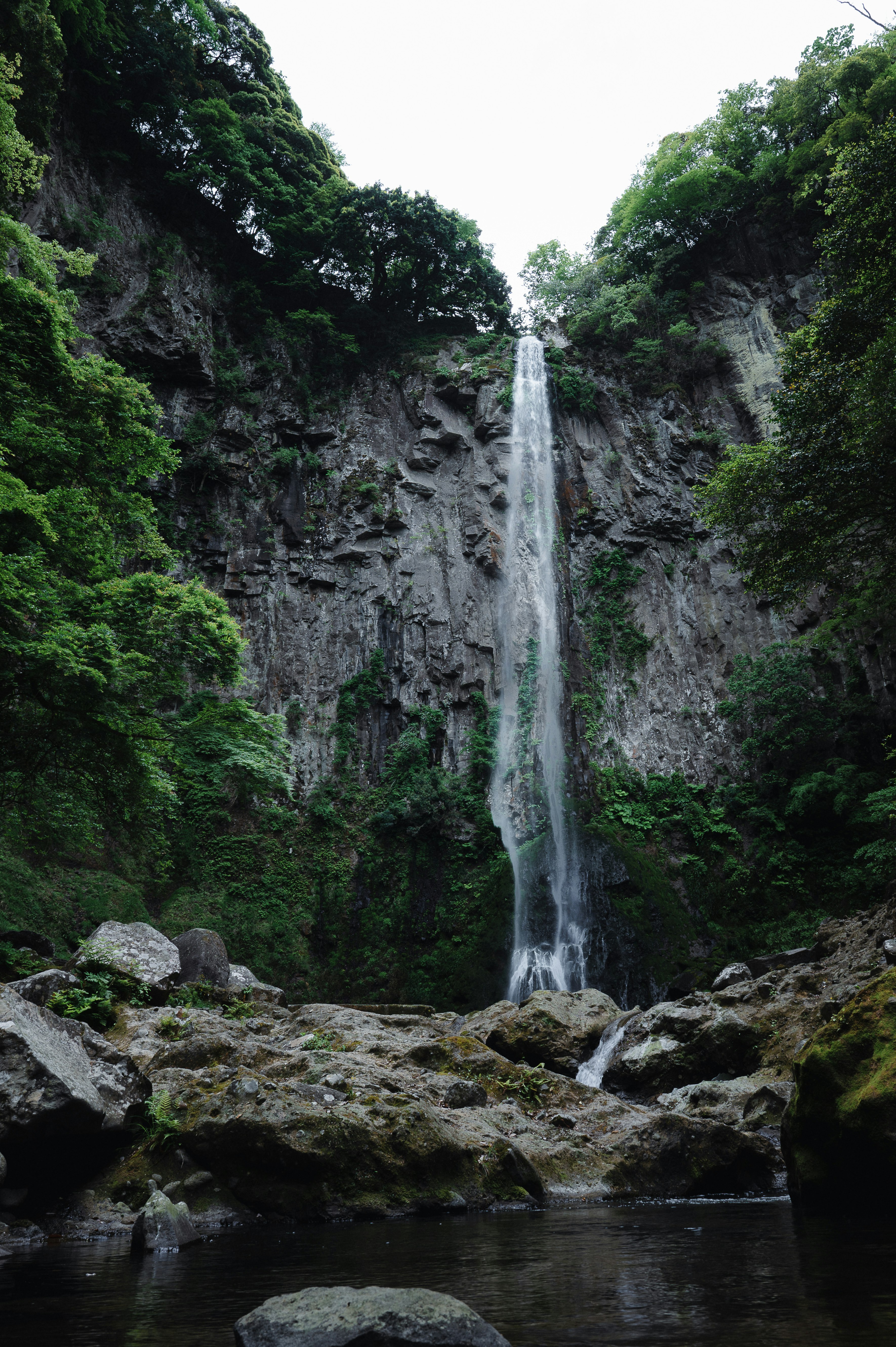 滝と岩壁に囲まれた緑の渓谷