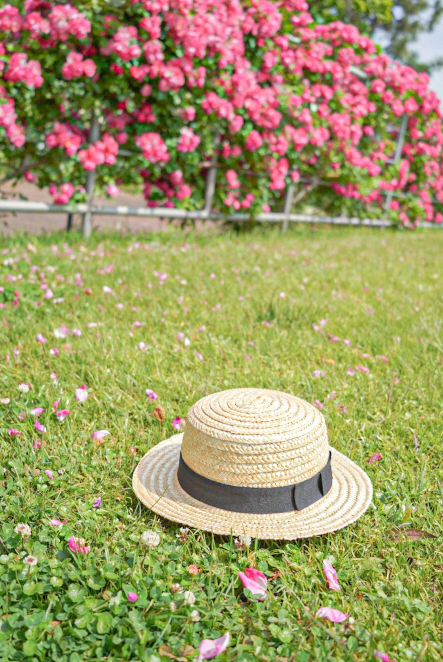 Straw hat placed on grass with a background of pink flowers
