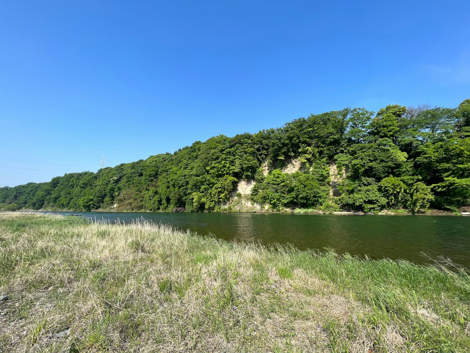 Ruhige Flusslandschaft mit blauem Himmel und üppigen grünen Ufern
