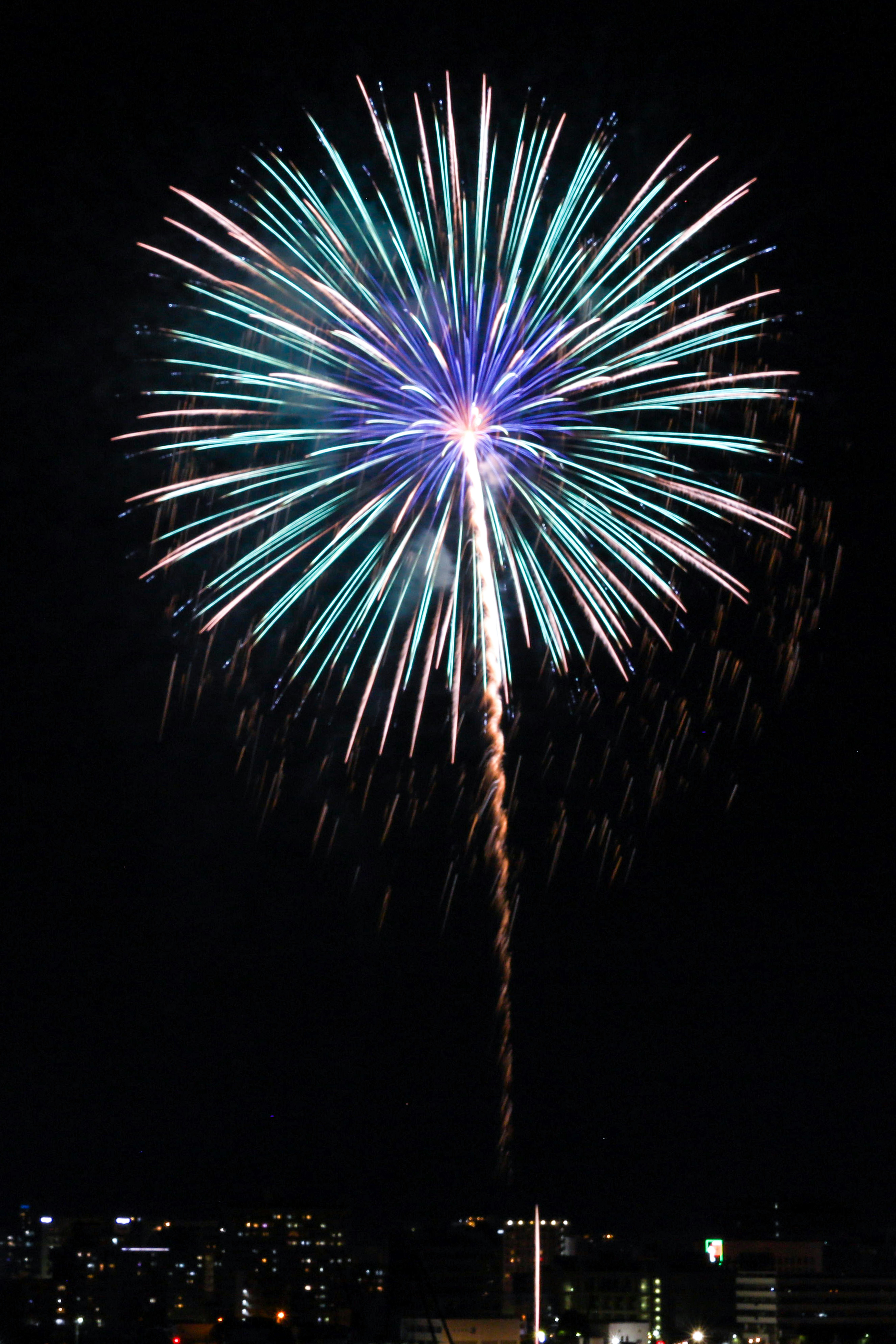 夜空に咲く花火と街の灯り