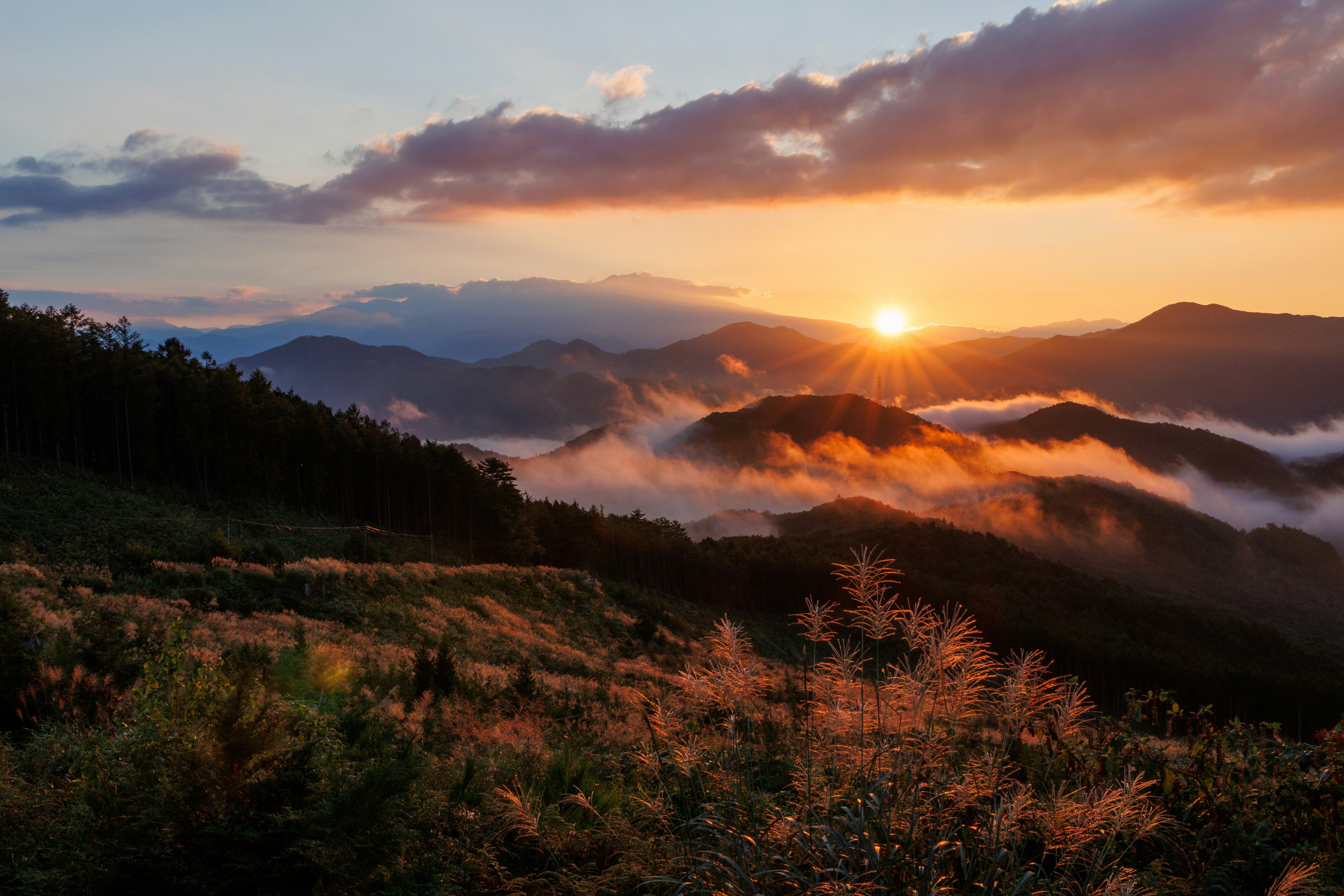 夕陽下的山稜與雲海景觀