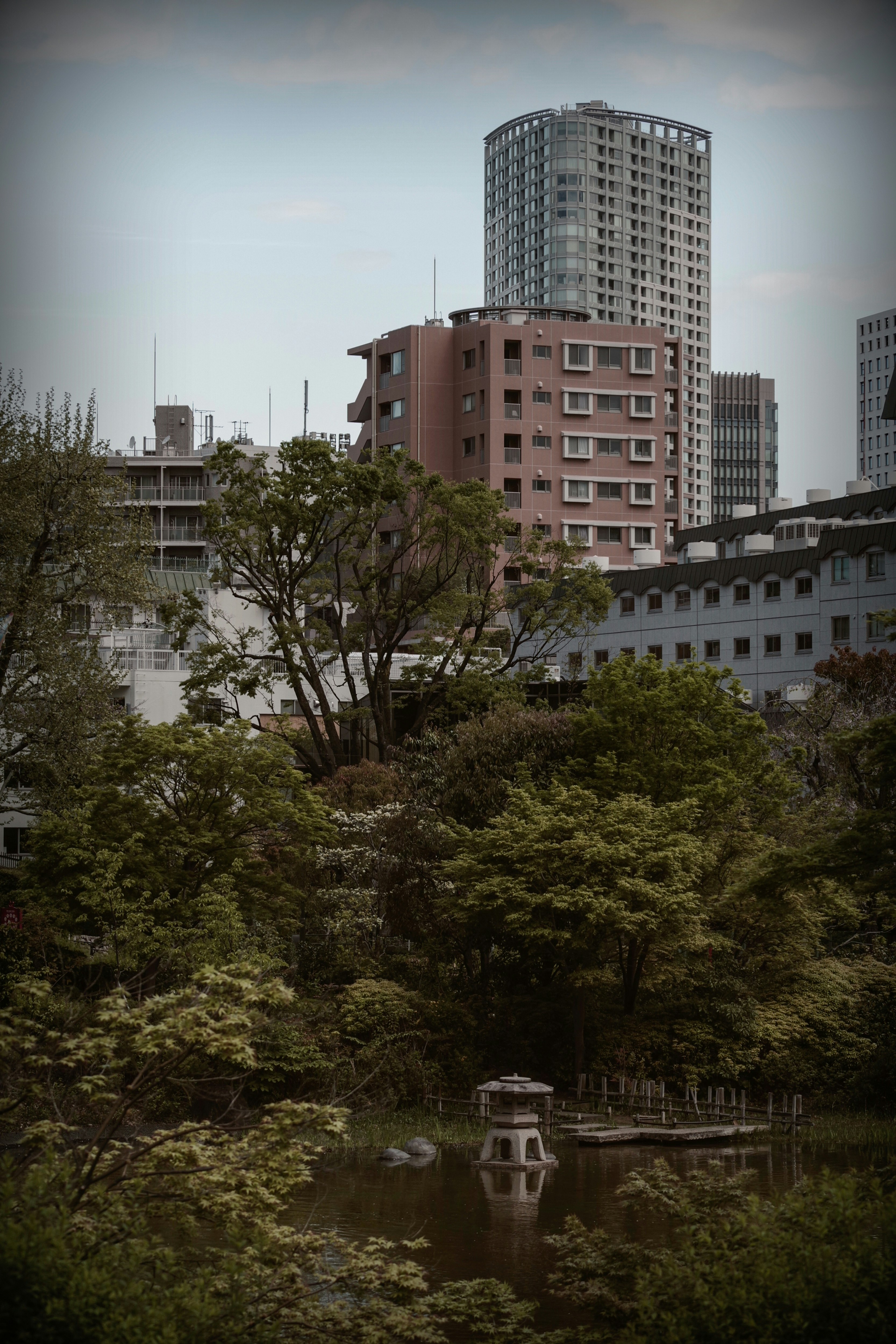 公園の緑と住宅・高層ビルが見える街並み