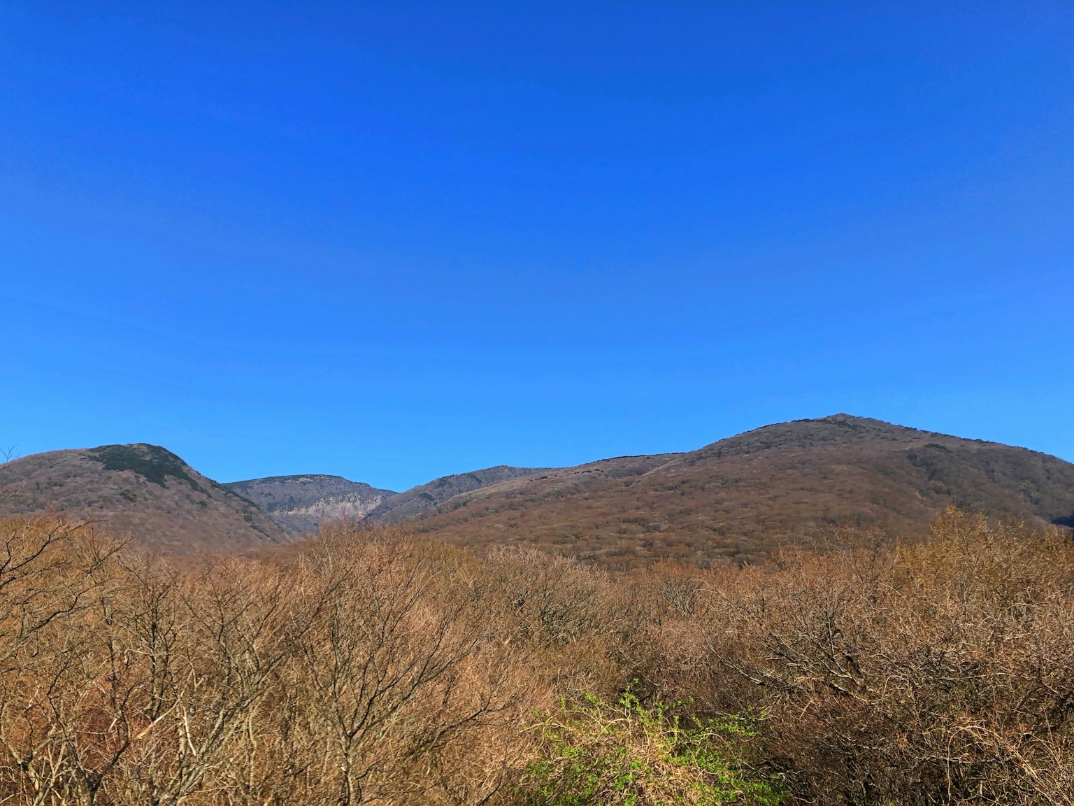 Pemandangan dengan gunung coklat di bawah langit biru yang cerah