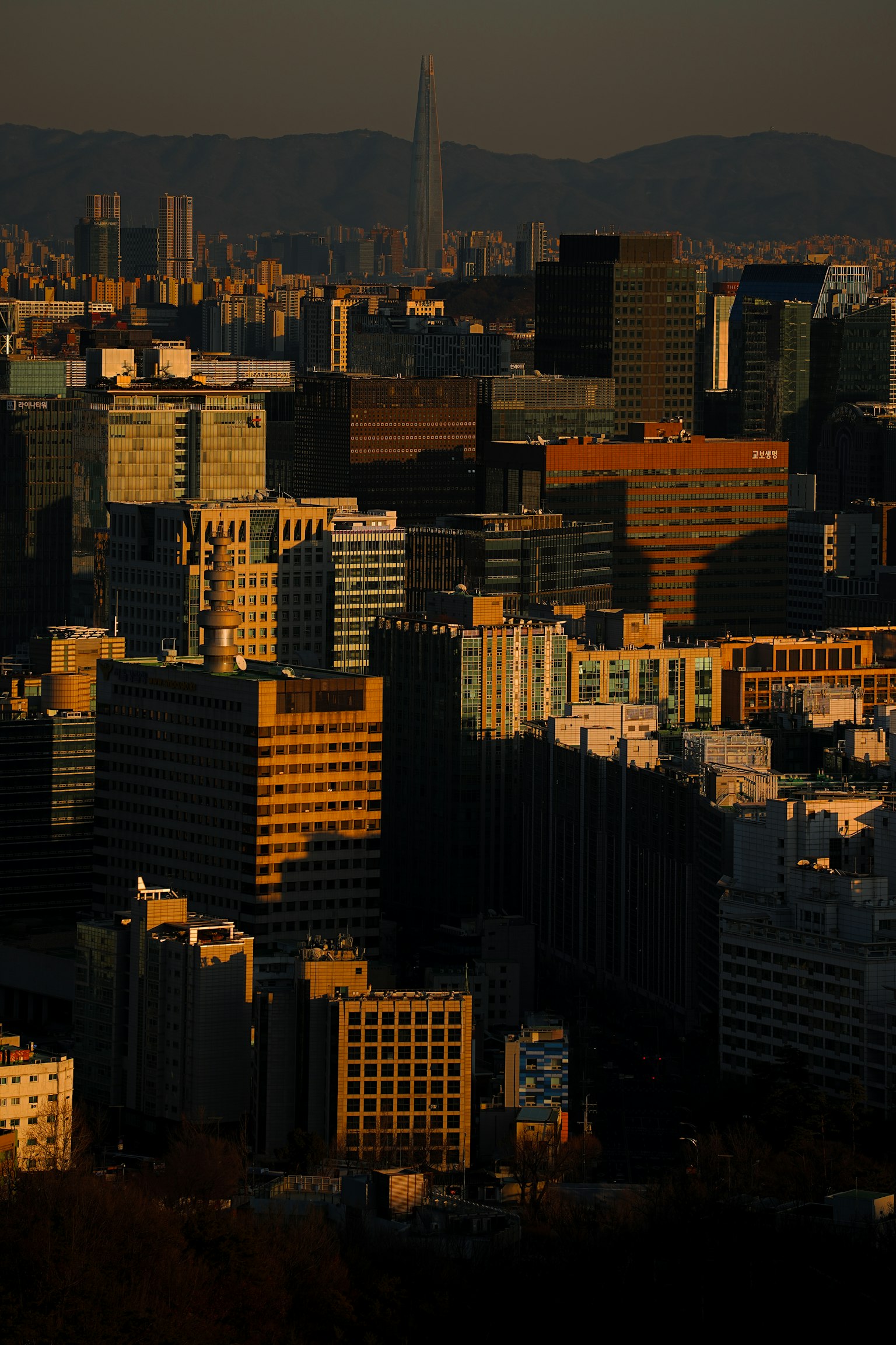 Paysage urbain au crépuscule avec des gratte-ciel et des ombres contrastées