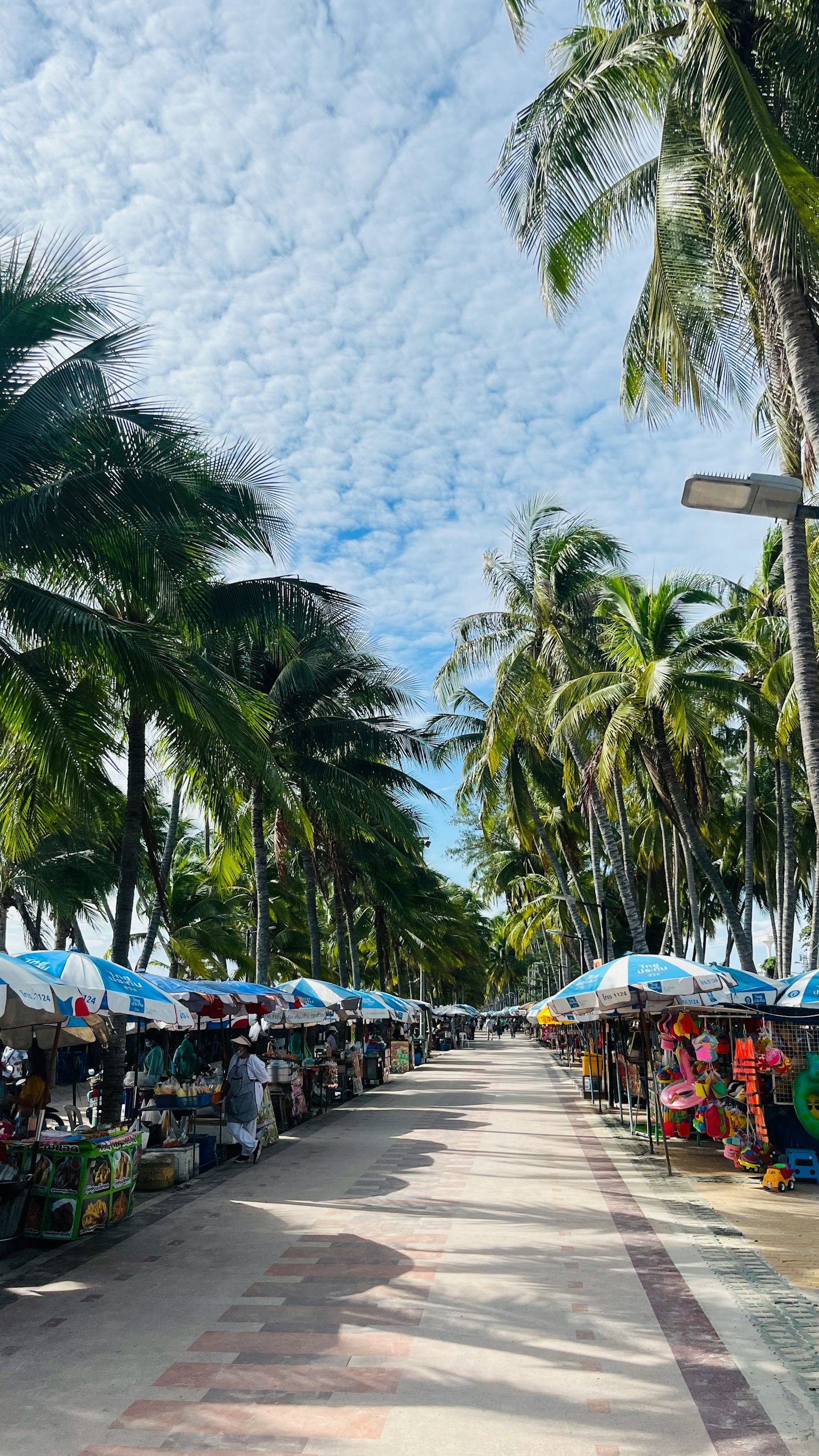 Ein von Palmen gesäumter Weg mit Marktständen unter einem blauen Himmel