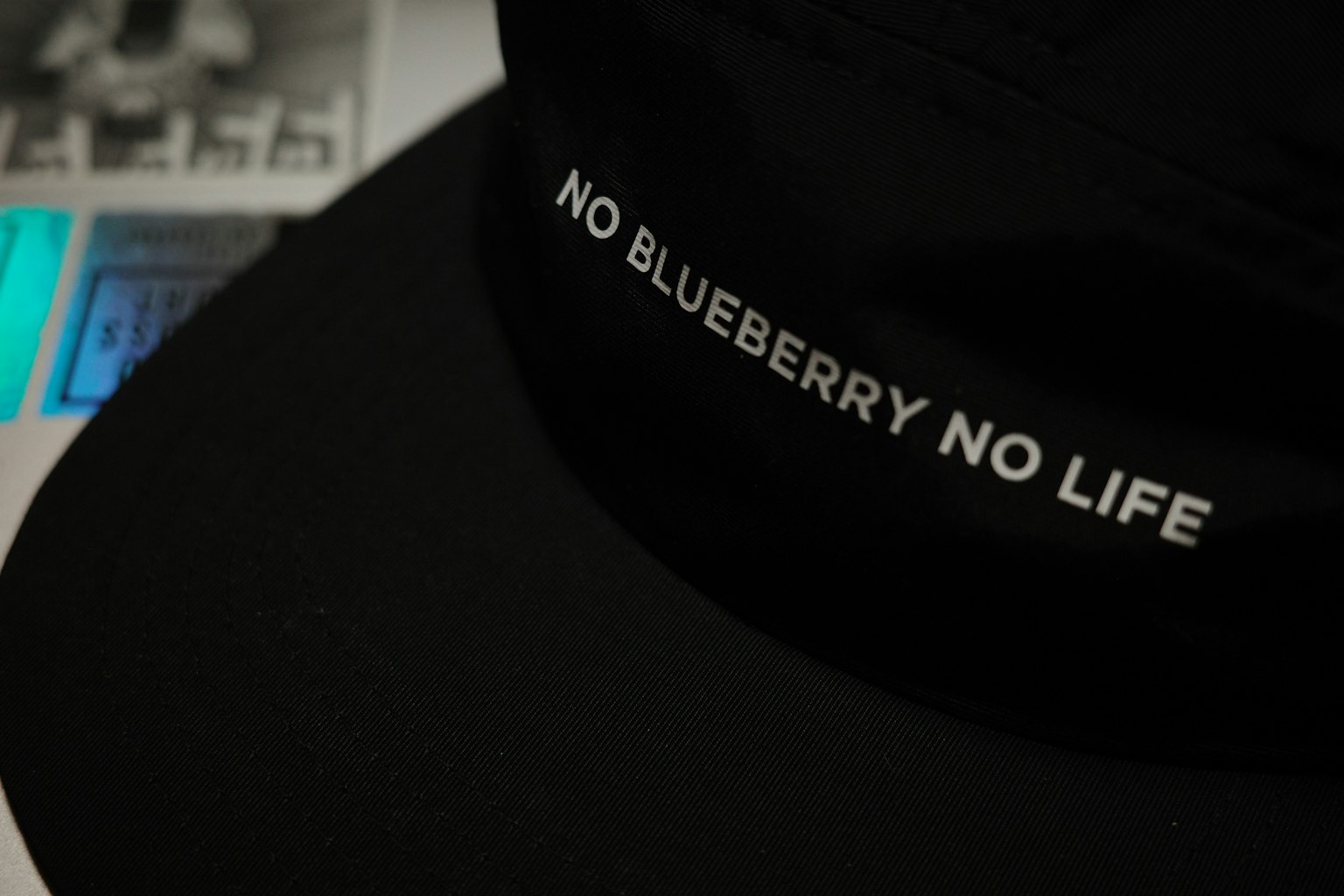 黑色帽子上用白色文字写着NO BLUEBERRY NO LIFE