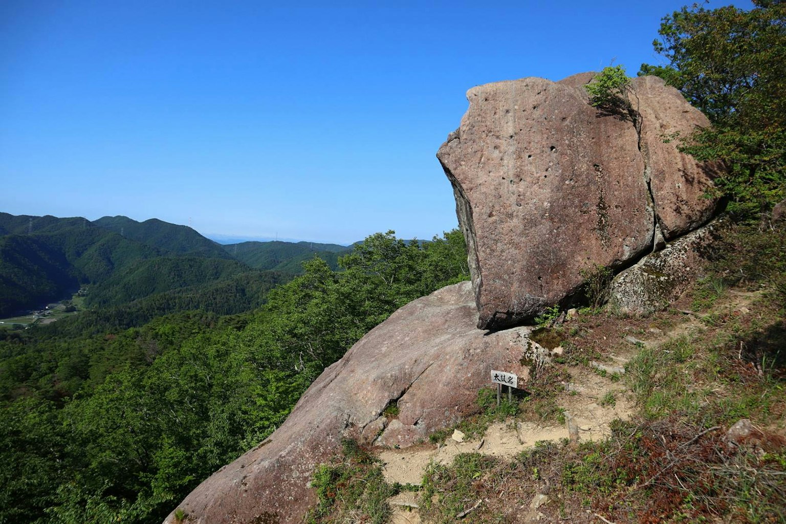 Großer Felsen umgeben von grünen Bäumen und blauem Himmel