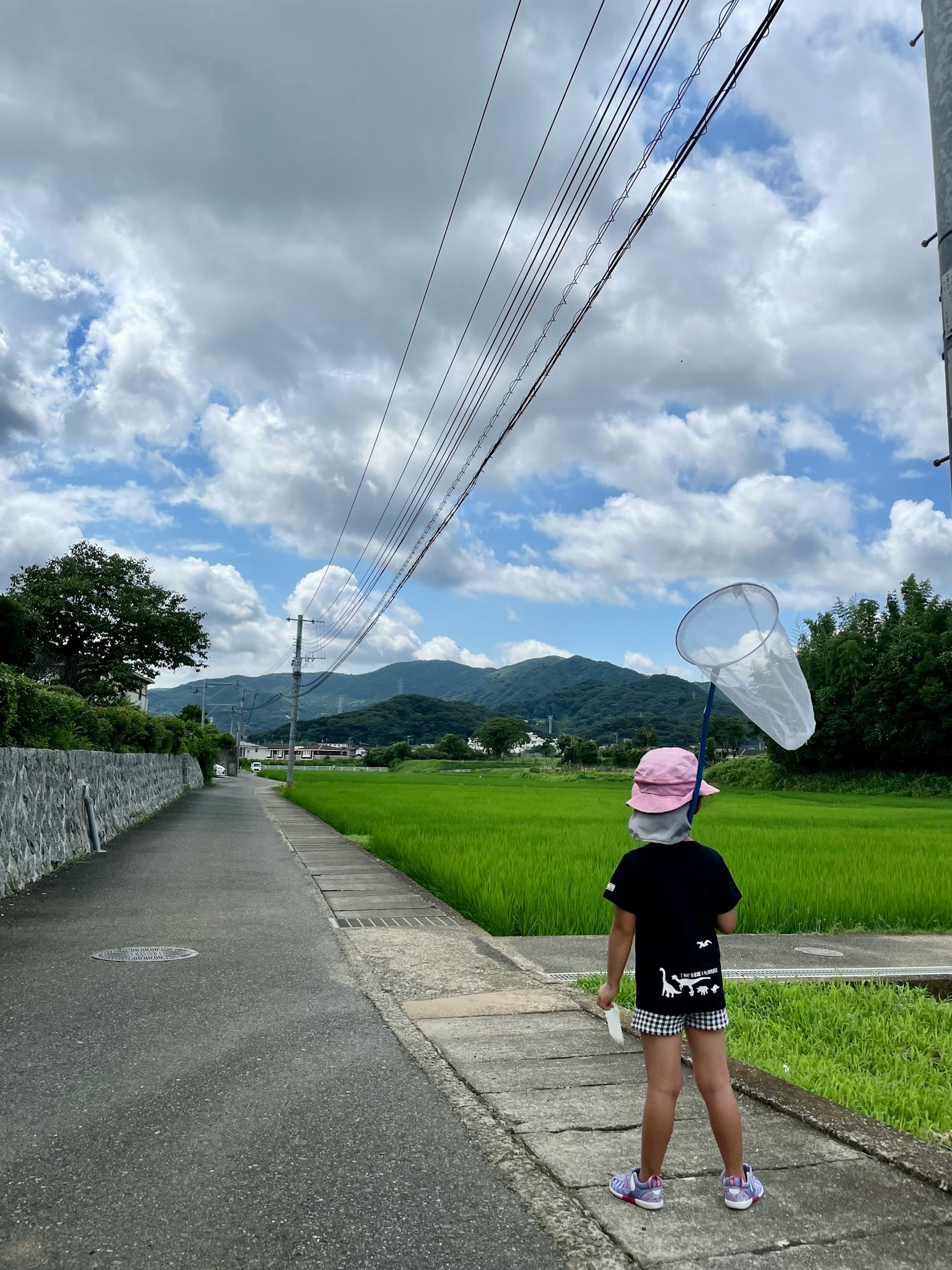 Một đứa trẻ đứng trên con đường nông thôn cầm một cái lưới