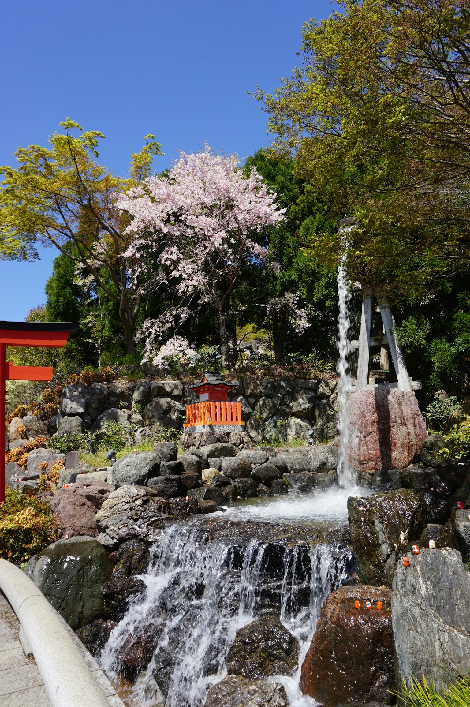 Scenic Japanese garden featuring a cherry blossom tree and a waterfall