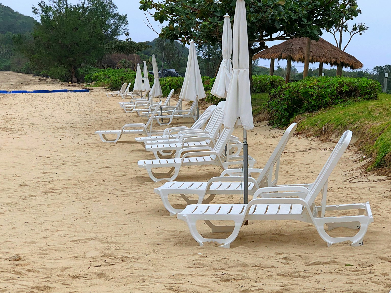 Scena di spiaggia con lettini bianchi e ombrelloni disposti sulla sabbia