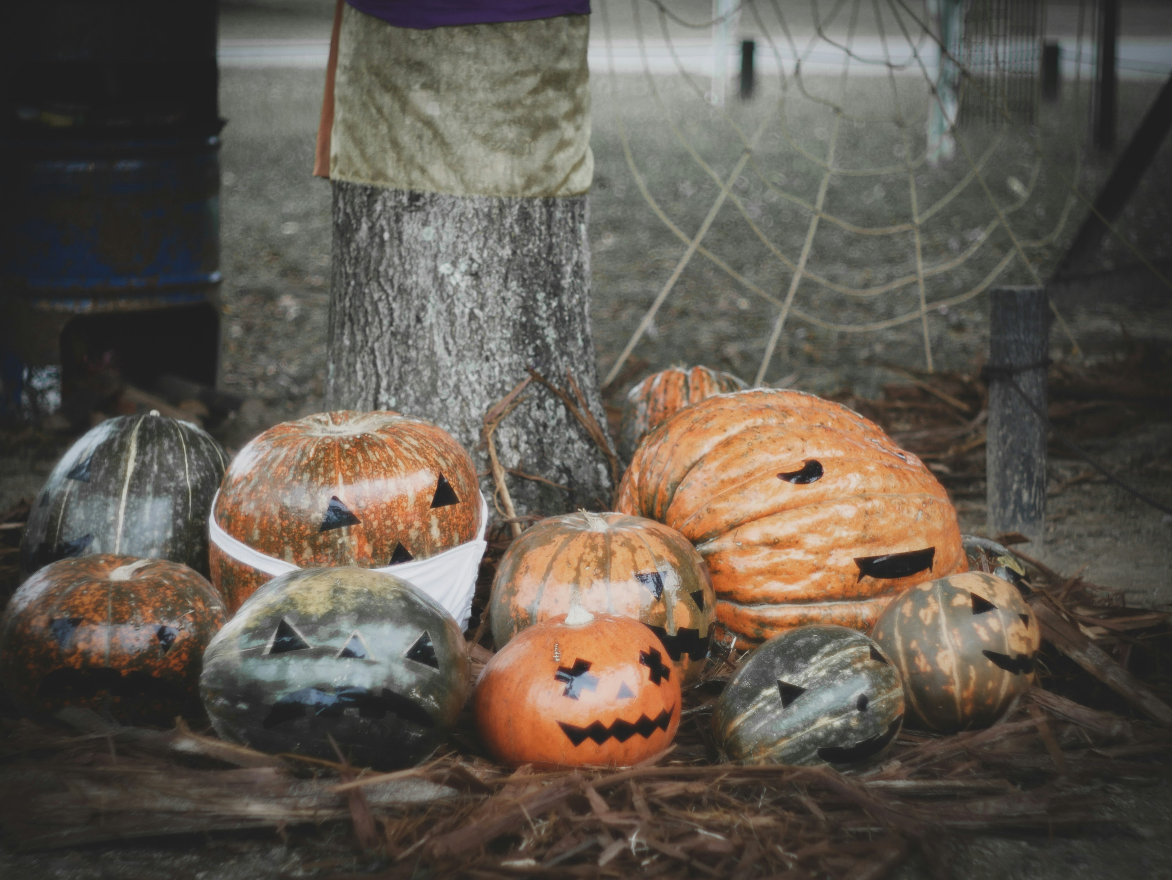 ハロウィンのオールドレンズ風、かぼちゃの置物とキャンディ