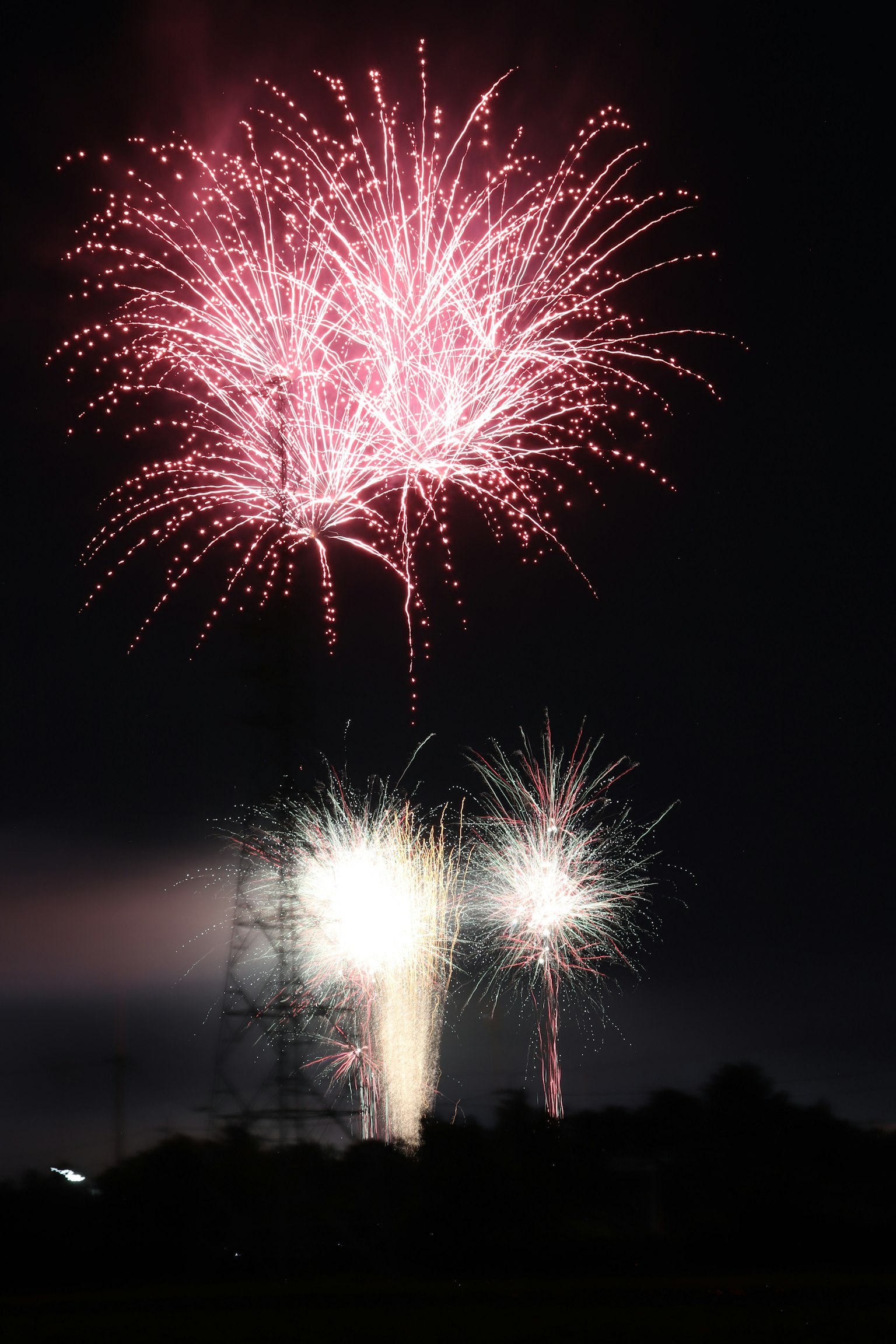 Spectacle de feux d'artifice magnifique dans le ciel nocturne avec des éclats roses et blancs