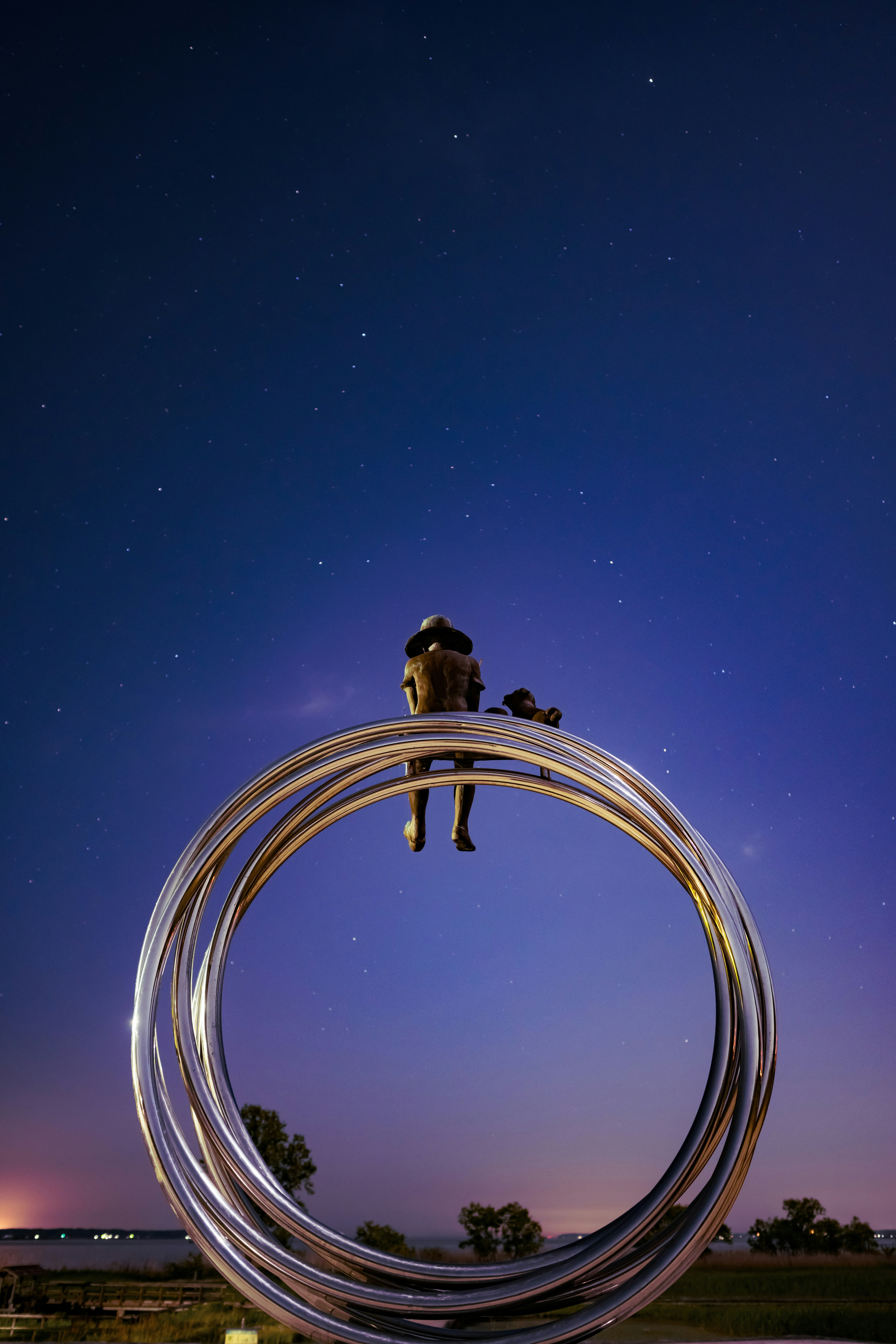夜空の下で輪を描く光のアートと人物