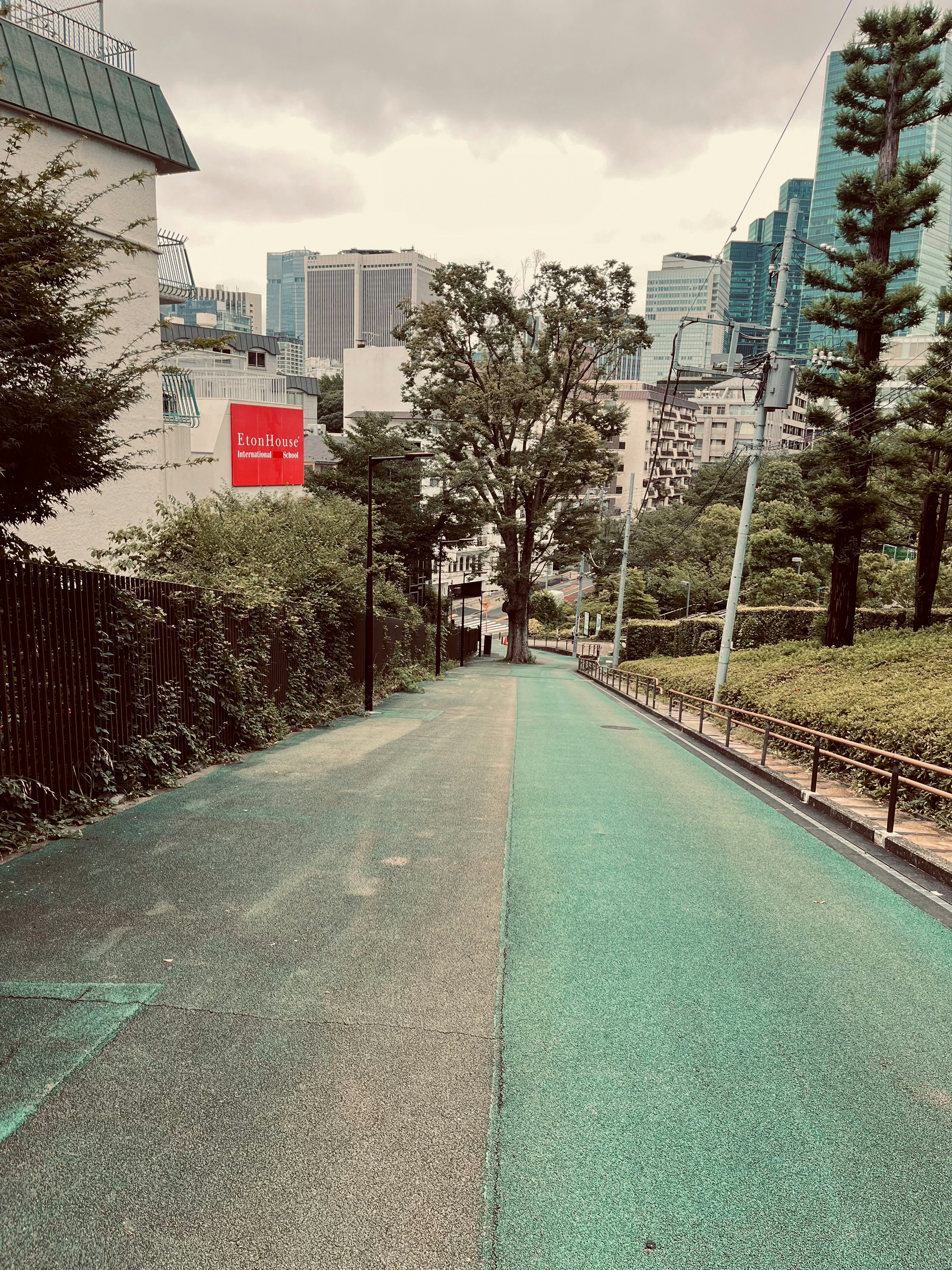 坂道の遊歩道と街並み、木々の並ぶ並木道