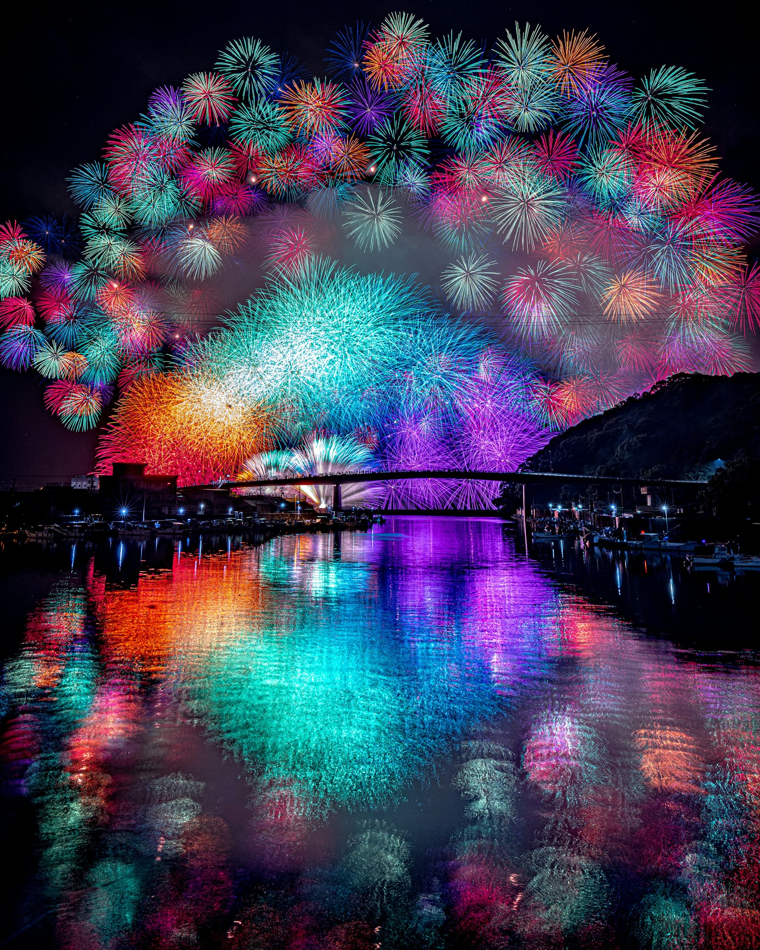 Des feux d'artifice colorés illuminent le ciel nocturne se reflétant sur la rivière dans une scène magnifique