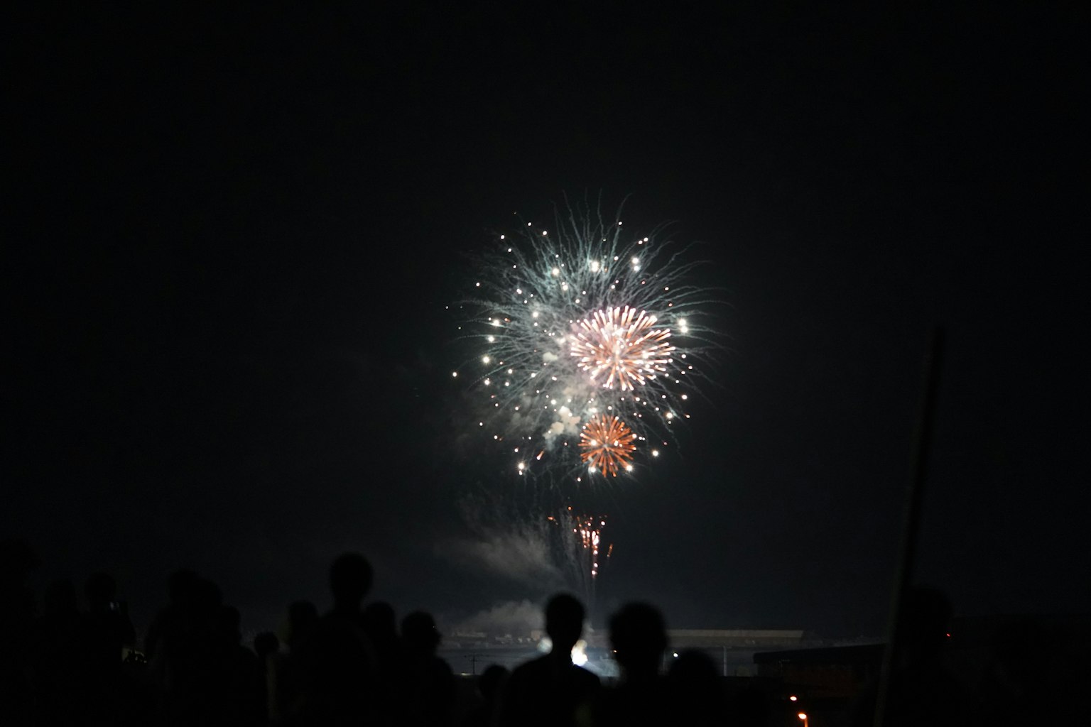 Feux d'artifice illuminant le ciel nocturne avec des silhouettes de spectateurs