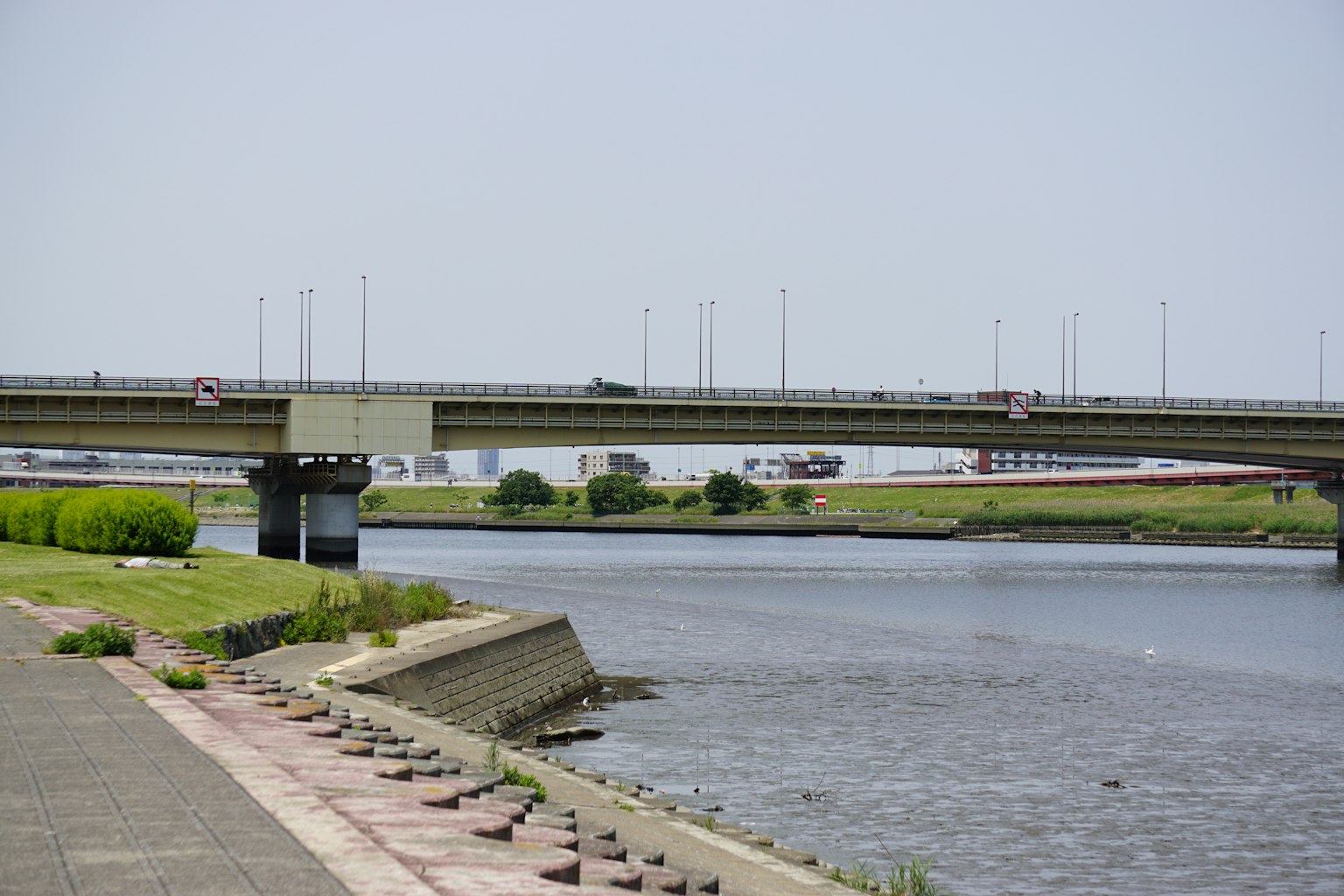Fluss- und Brückenlandschaft mit grünem Gras und ruhiger Wasseroberfläche