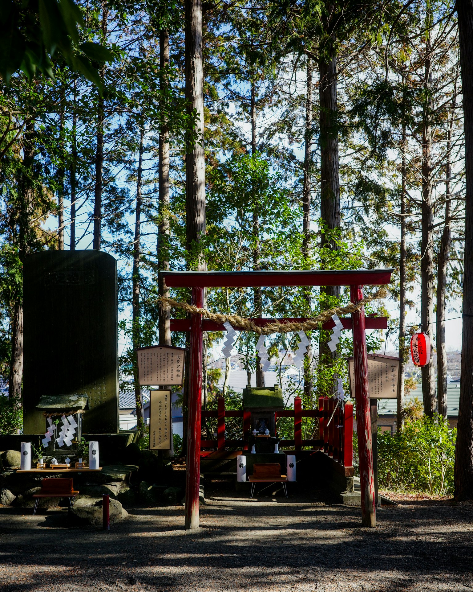 一座紅色鳥居和神社祭壇被樹木環繞