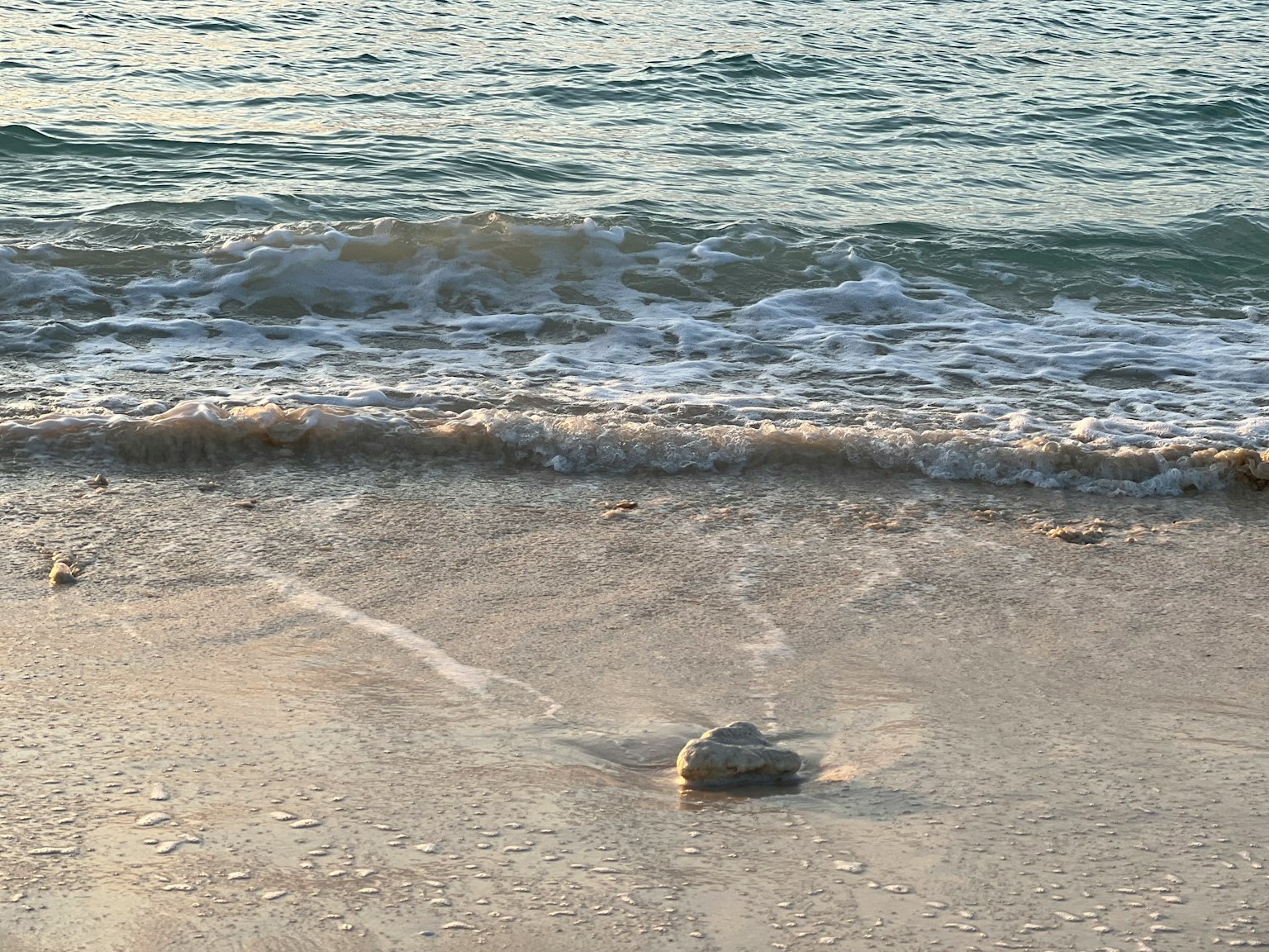 沙灘上的岩石與輕柔的海浪