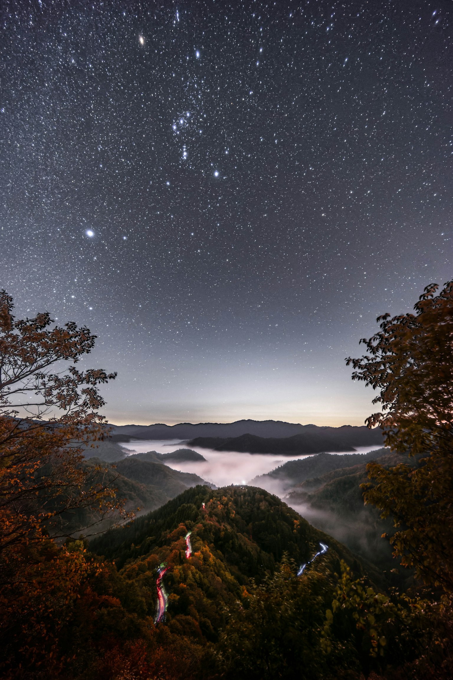 星空の下に広がる霧に包まれた山々の風景