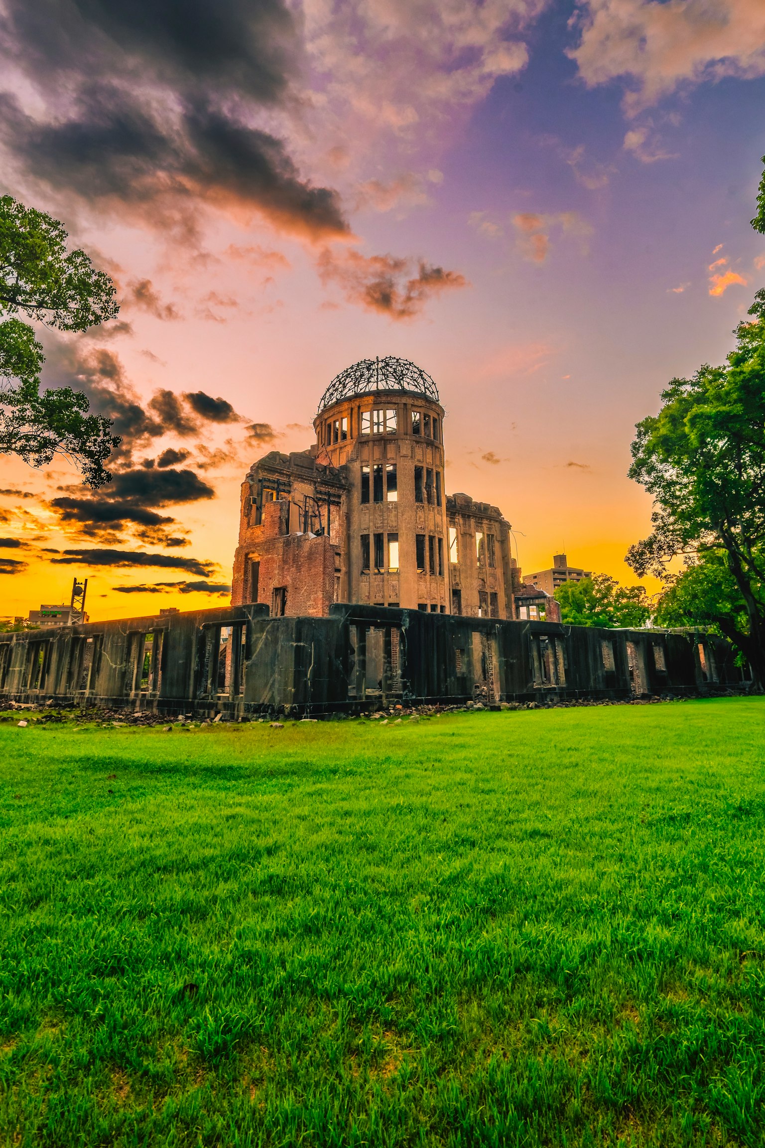Hiroshima Peace Memorial and sunset sky