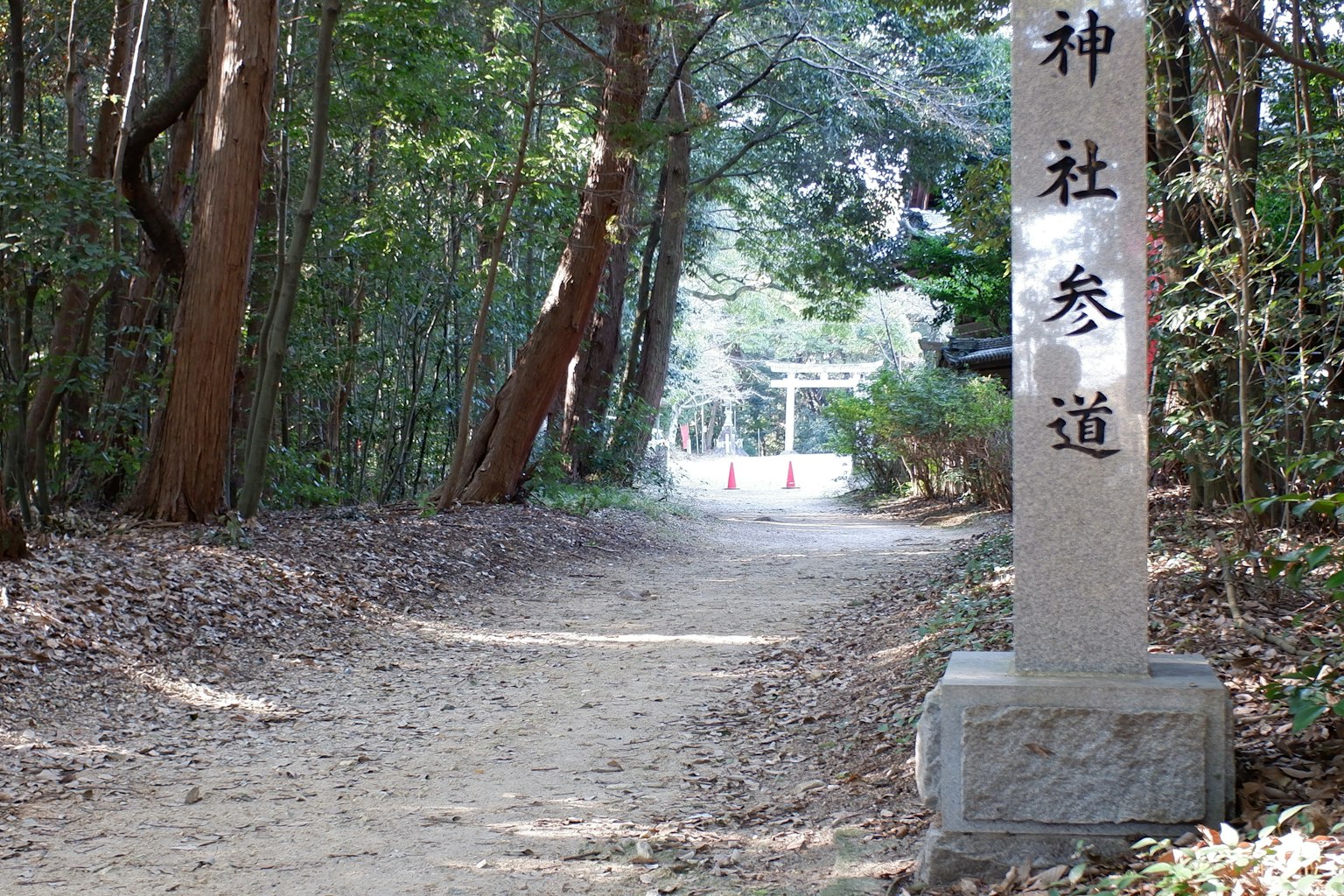 A scenic path leading to a shrine marked by a stone pillar