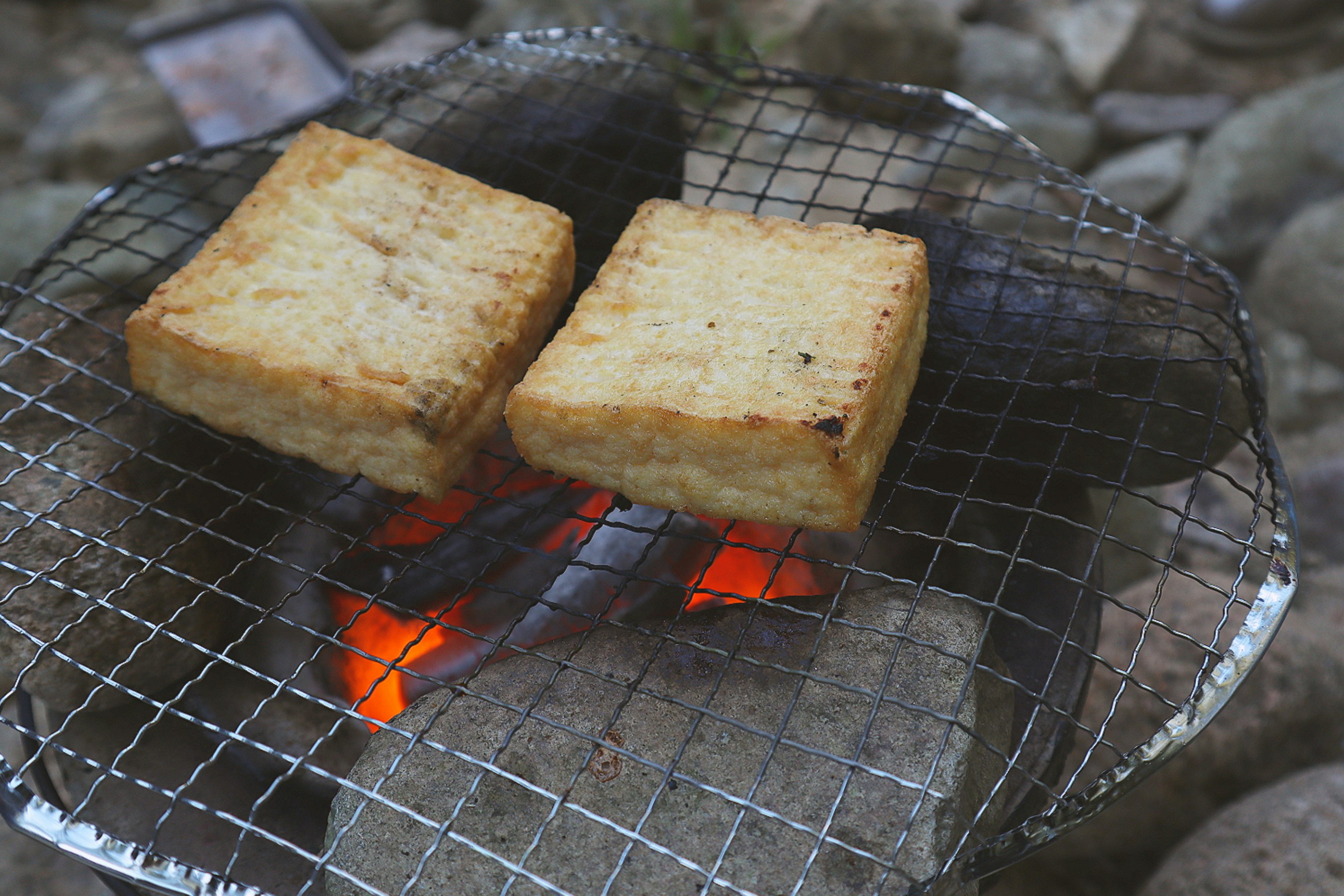 Due blocchi di tofu grigliati su carboni ardenti