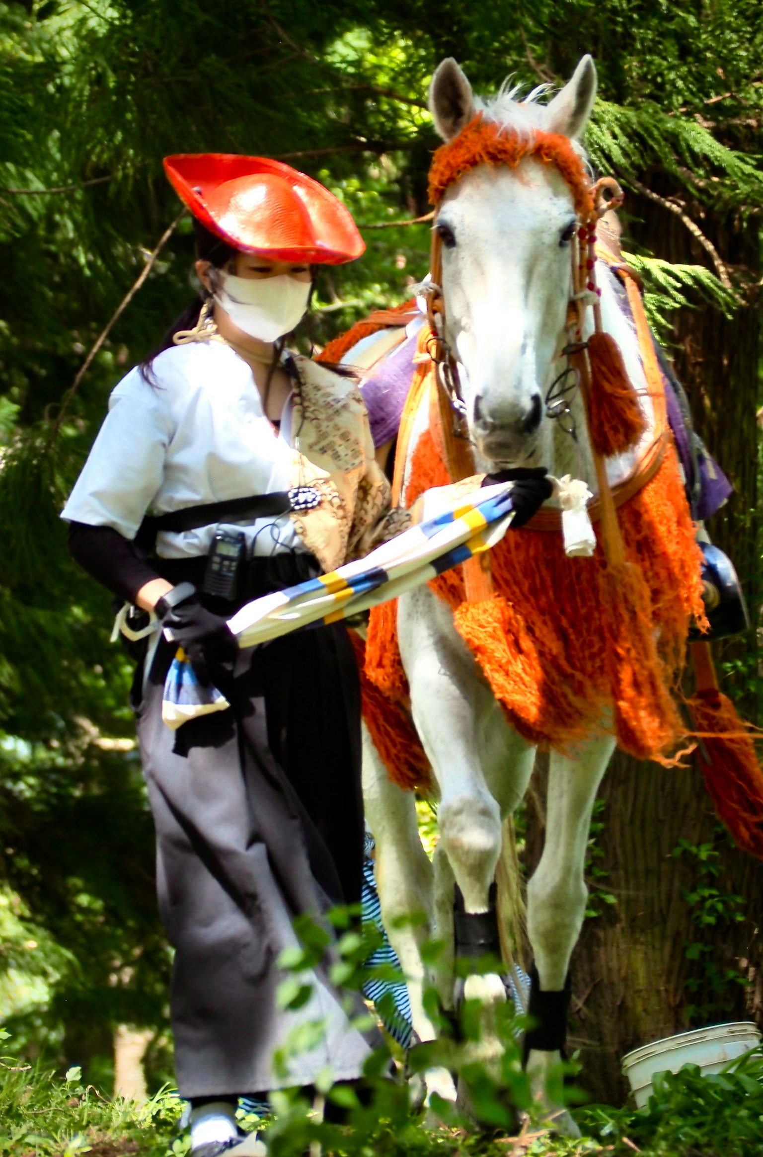 A person in traditional attire leading a white horse in a forest ceremony