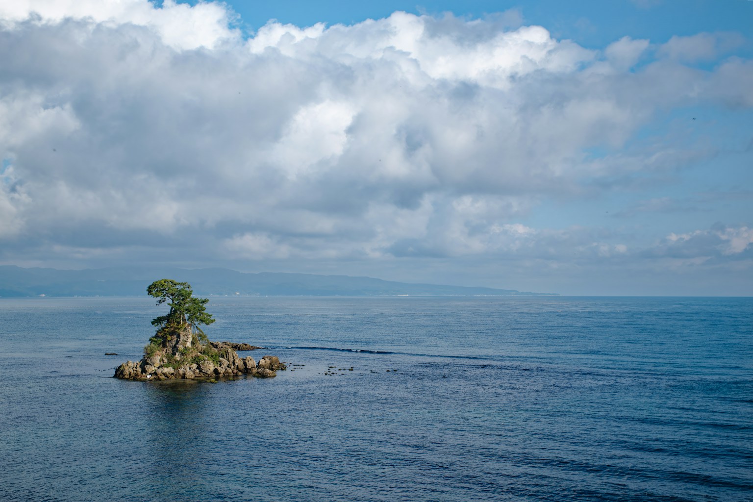 Una piccola isola isolata con un singolo albero sotto un cielo blu e nuvole