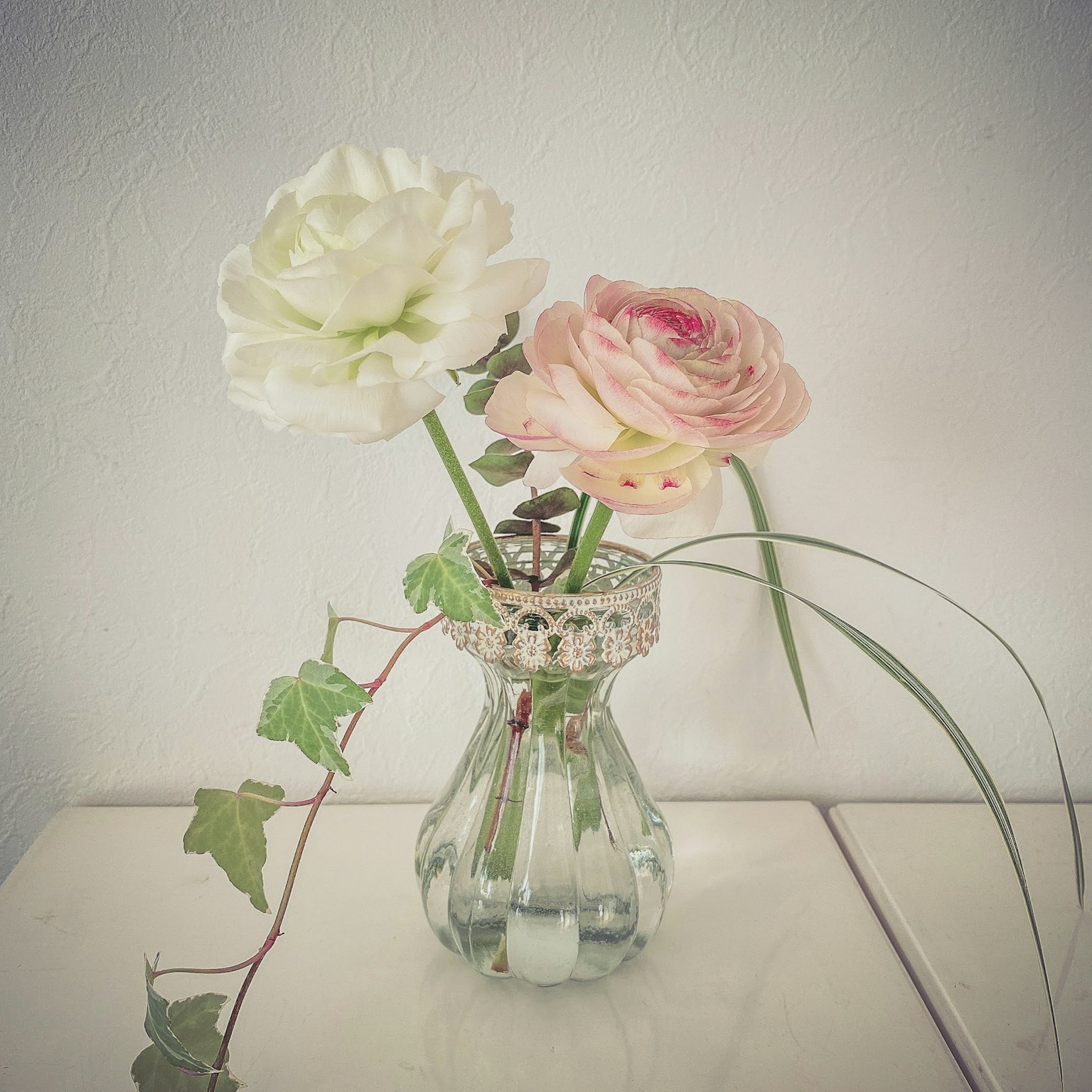 Fiori di ranuncolo bianchi e rosa disposti in un vaso di vetro con acqua