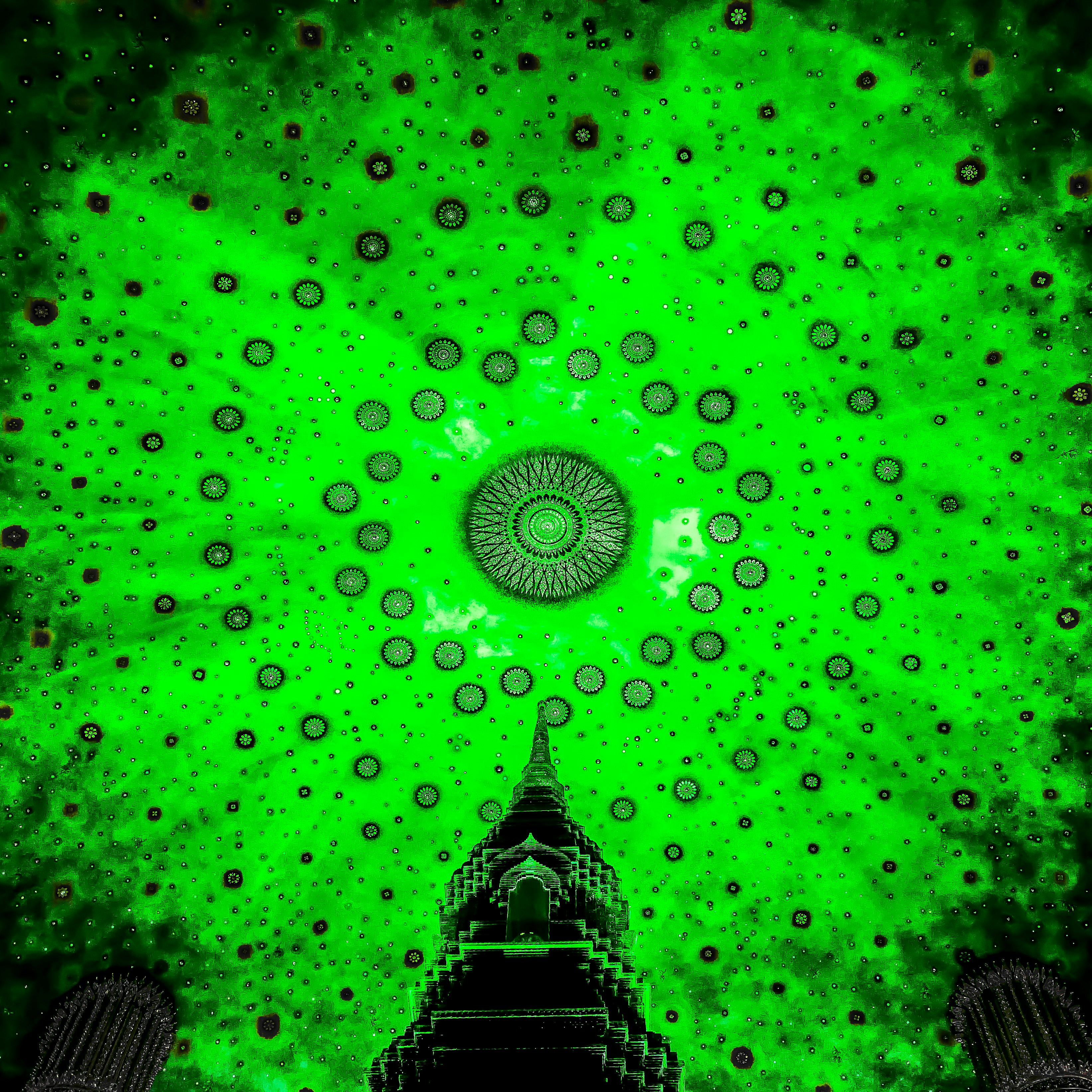composition fantastique avec un tourbillon vert et une silhouette de temple
