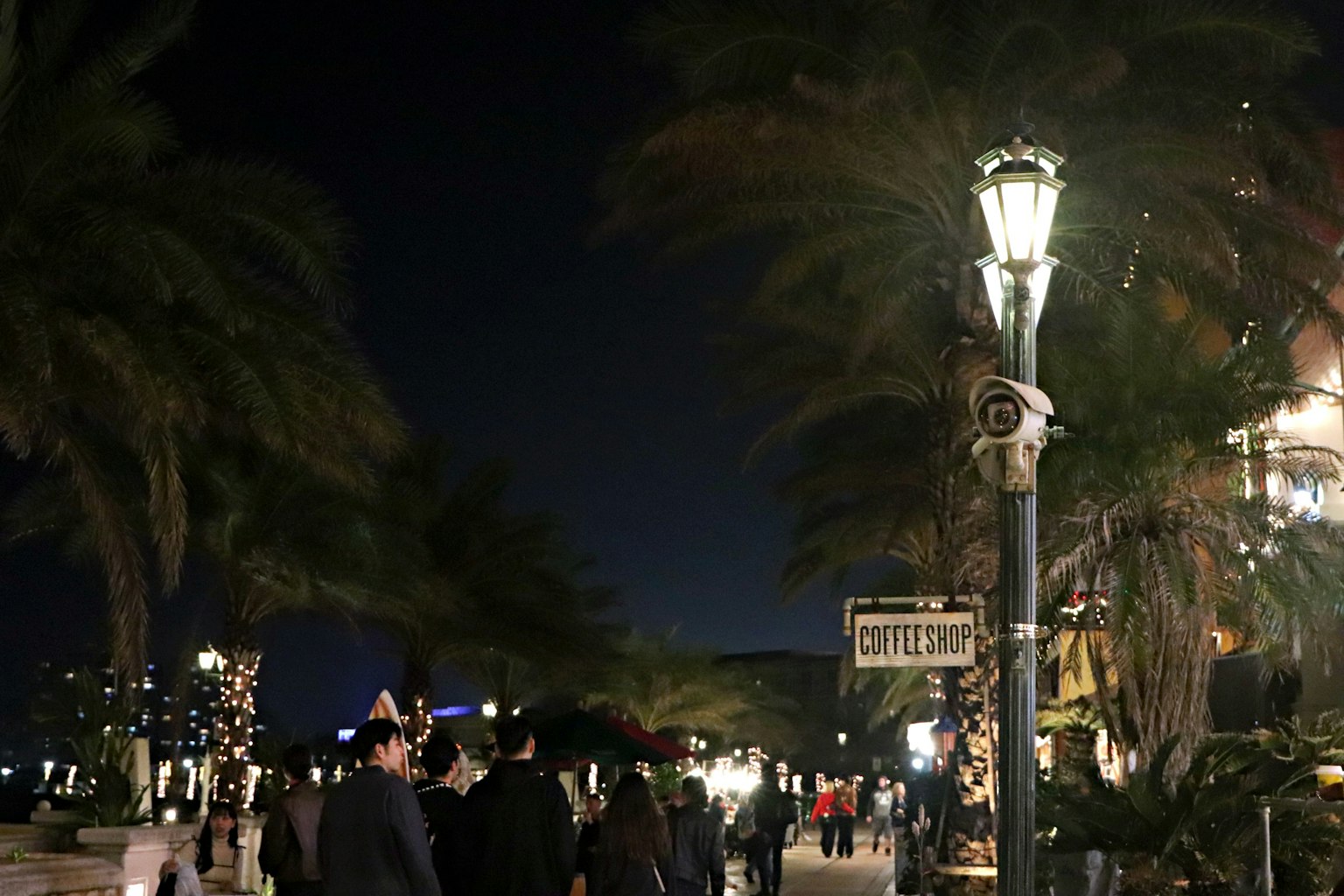 Menschen, die nachts entlang einer Küstenstraße mit Straßenlaternen und Palmen gehen