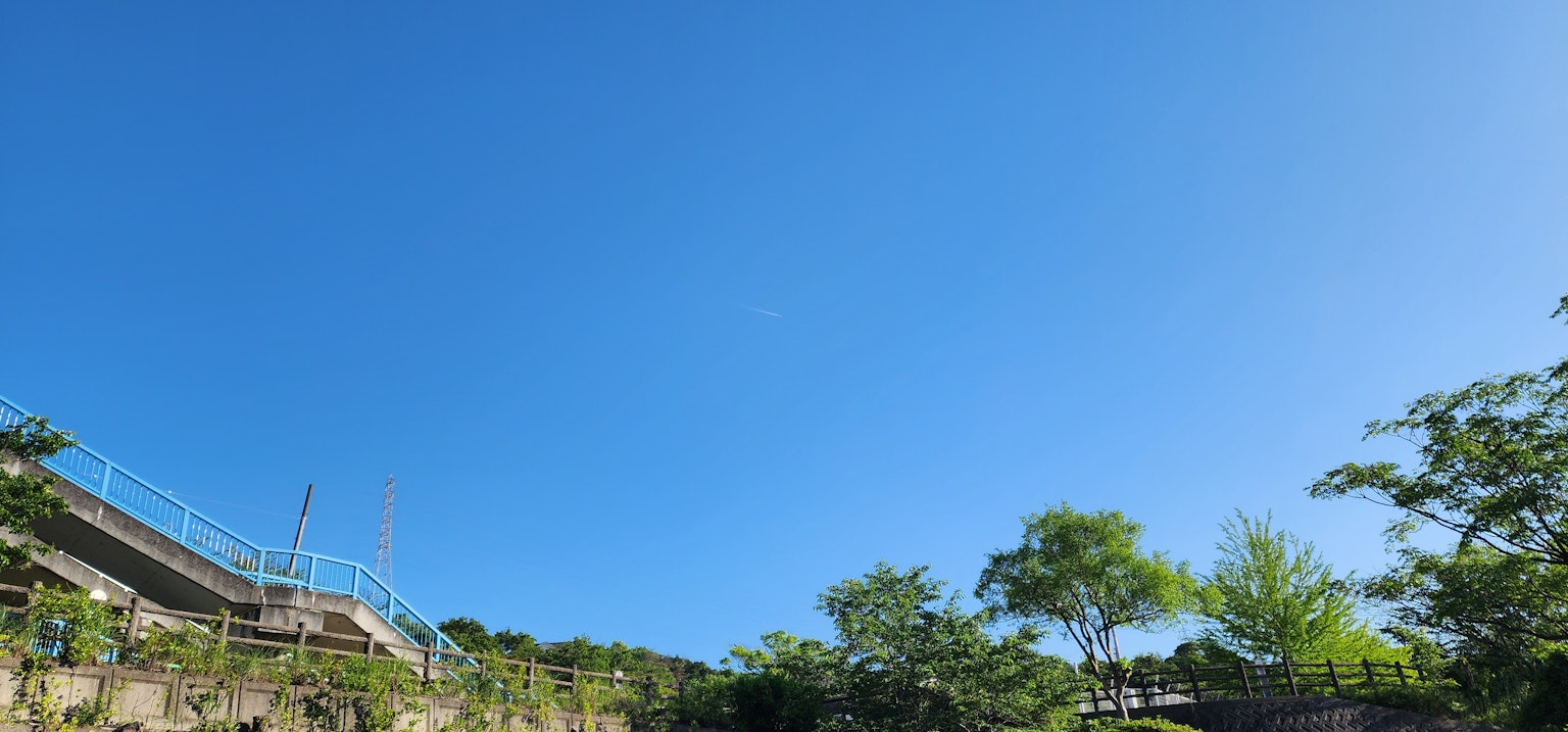 Ciel bleu clair avec des arbres verts et une structure en arrière-plan